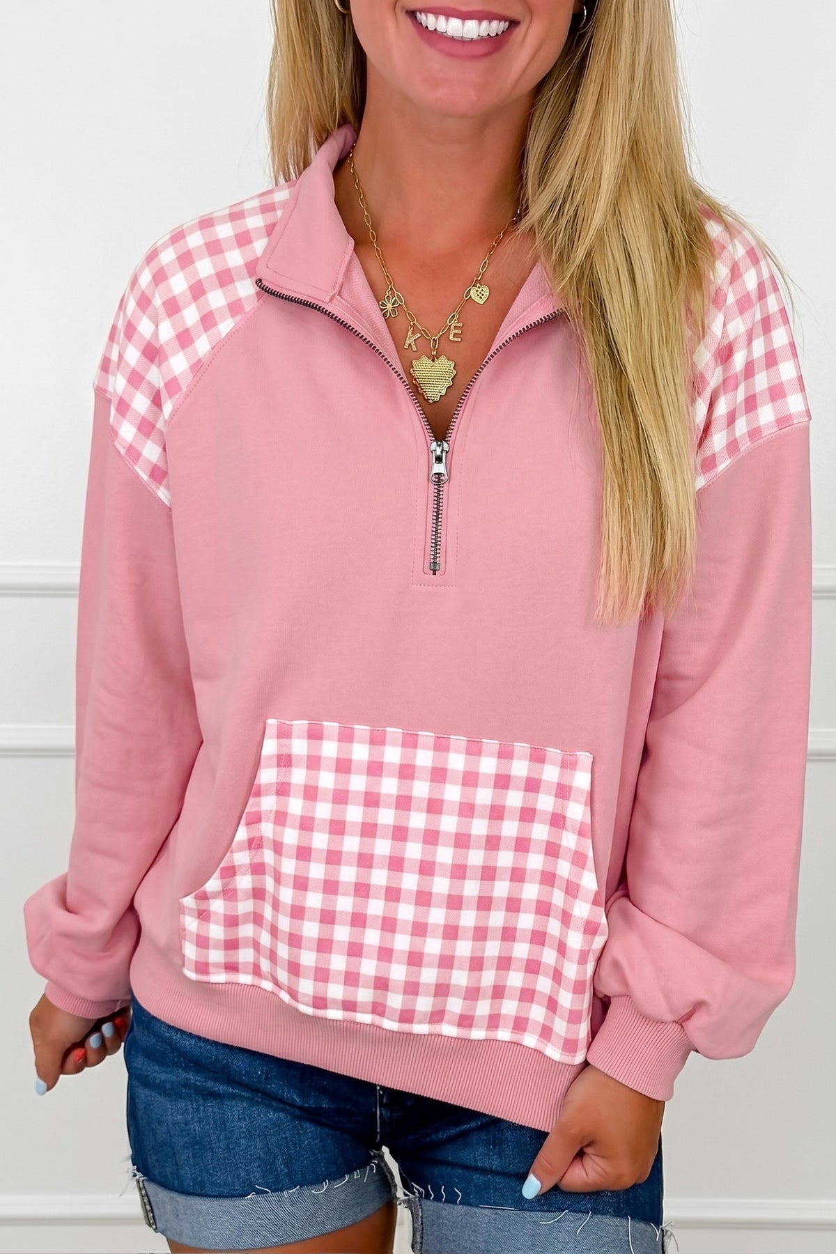 Coffee Patchwork Plaid Pocket Quarter Zip Sweatshirt