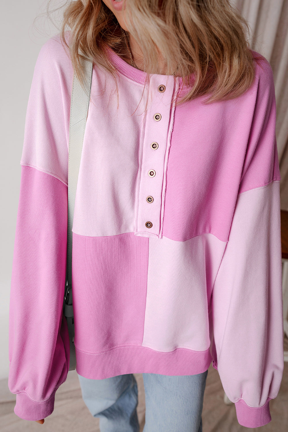 Color black Colorblock Henley High Low Oversize Sweatshirt-Tops/Sweatshirts & Hoodies-[Adult]-[Female]-Pink-S-2022 Online Blue Zone Planet