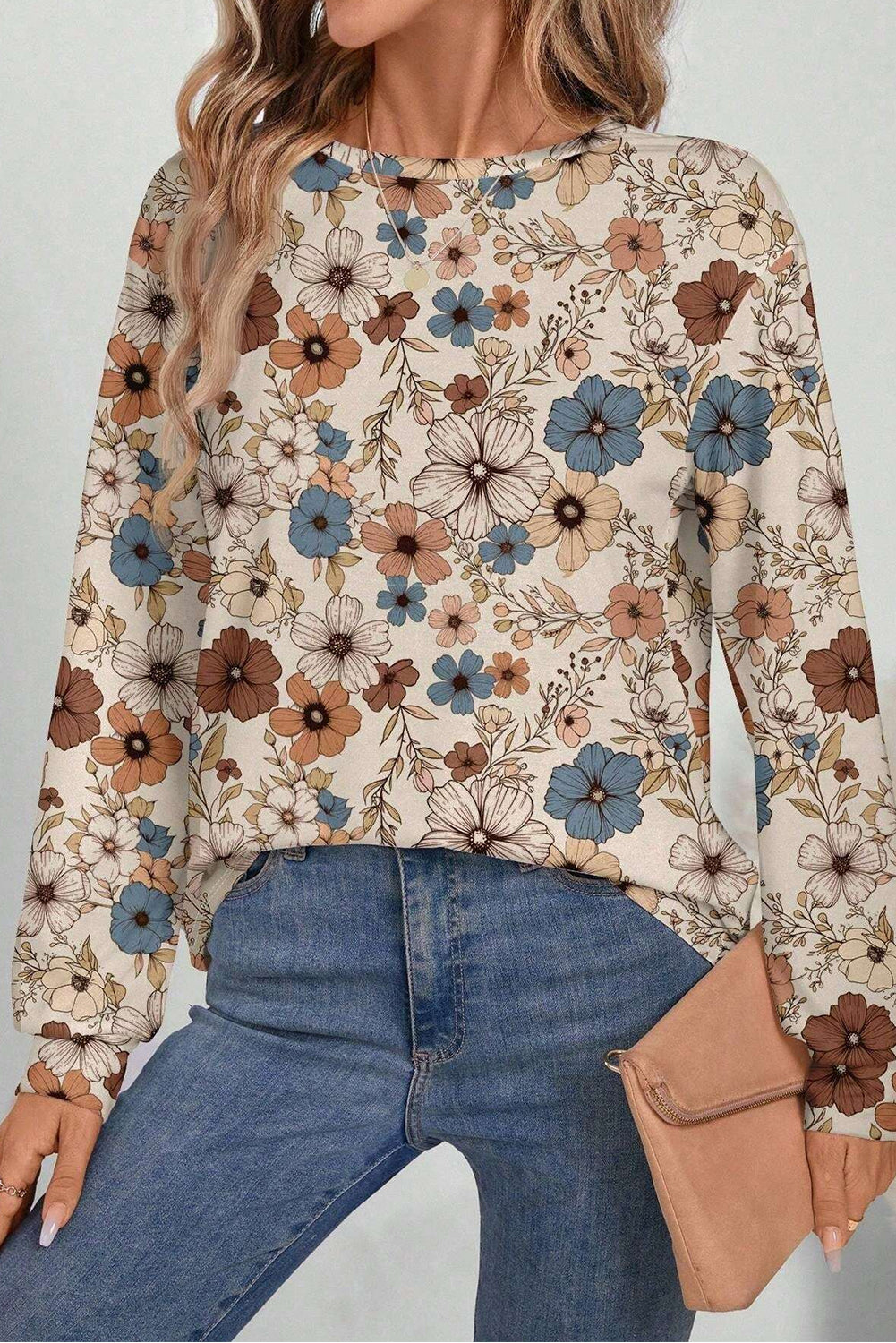 Khaki Allover Floral Print Crew Neck Long Sleeve Top-Long Sleeve Tops-[Adult]-[Female]-2022 Online Blue Zone Planet