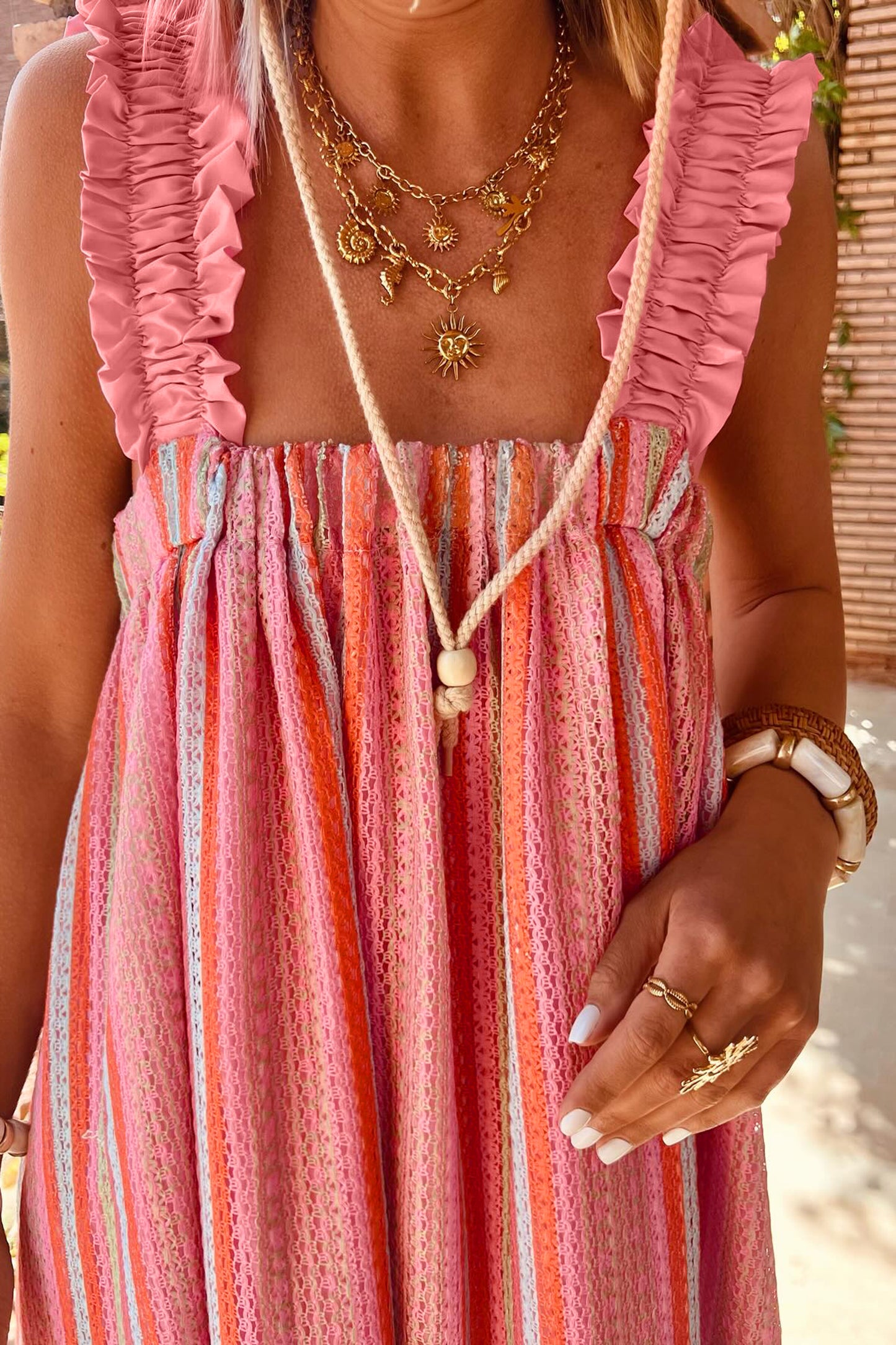 Pink Stripe Ruffled Straps Ribbon Knot Flowy Vacation Maxi Dress-TOPS / DRESSES-[Adult]-[Female]-2022 Online Blue Zone Planet