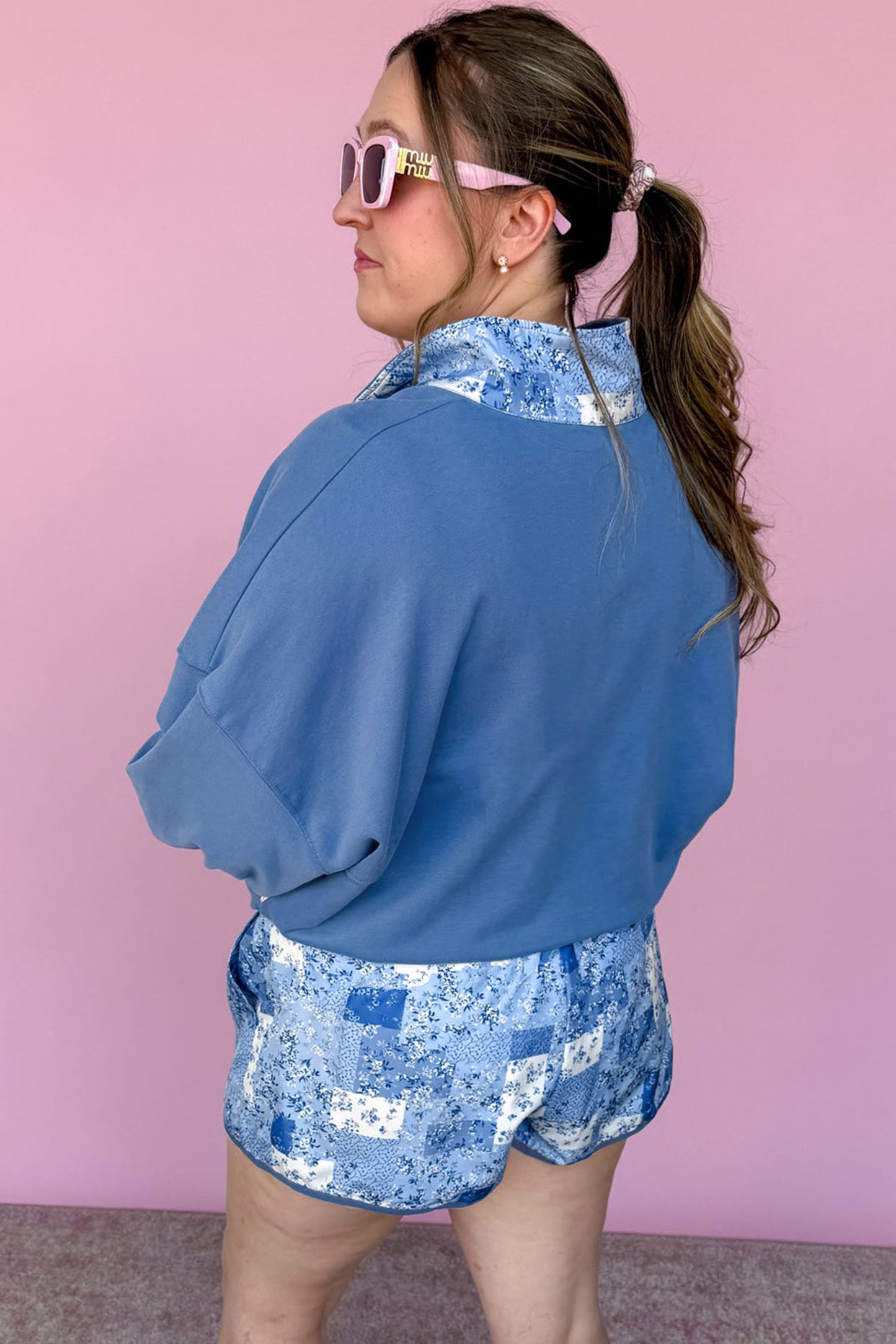 Blue Floral Patchwork V-Neck Long Sleeve Short Bottoms Plus Size Set-Plus Size/Plus Size Sweatshirts & Hoodies-[Adult]-[Female]-2022 Online Blue Zone Planet