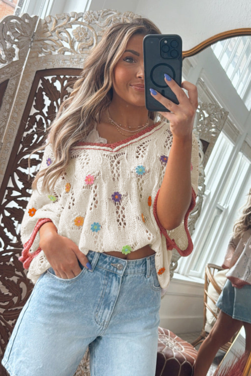 Delicacy Embroidered Flowers Colorblock Edge Hollowed Sweater-TOPS / DRESSES-[Adult]-[Female]-2022 Online Blue Zone Planet