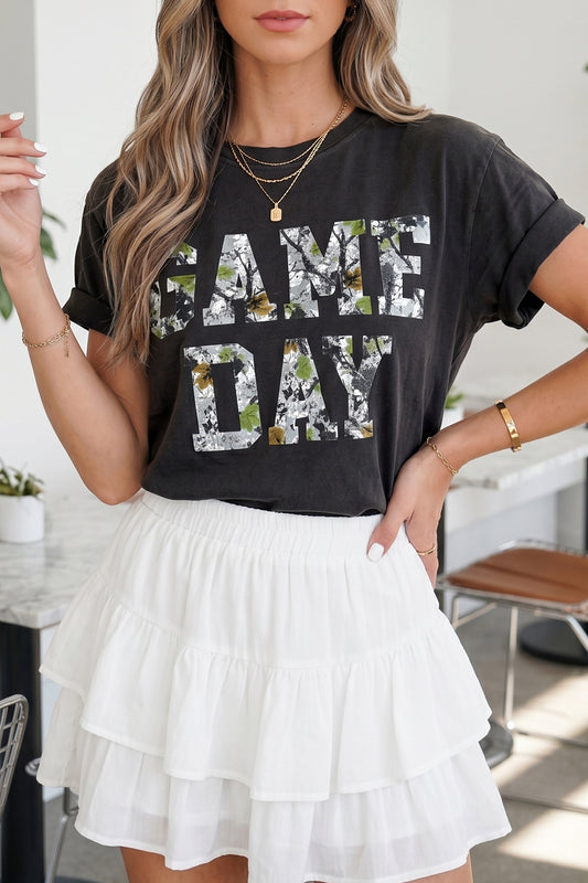 Black Camo Print Game Day Tee Short Sleeve Round Neck Casual T Shirt-Tops/Tops & Tees-[Adult]-[Female]-Black-S-2022 Online Blue Zone Planet
