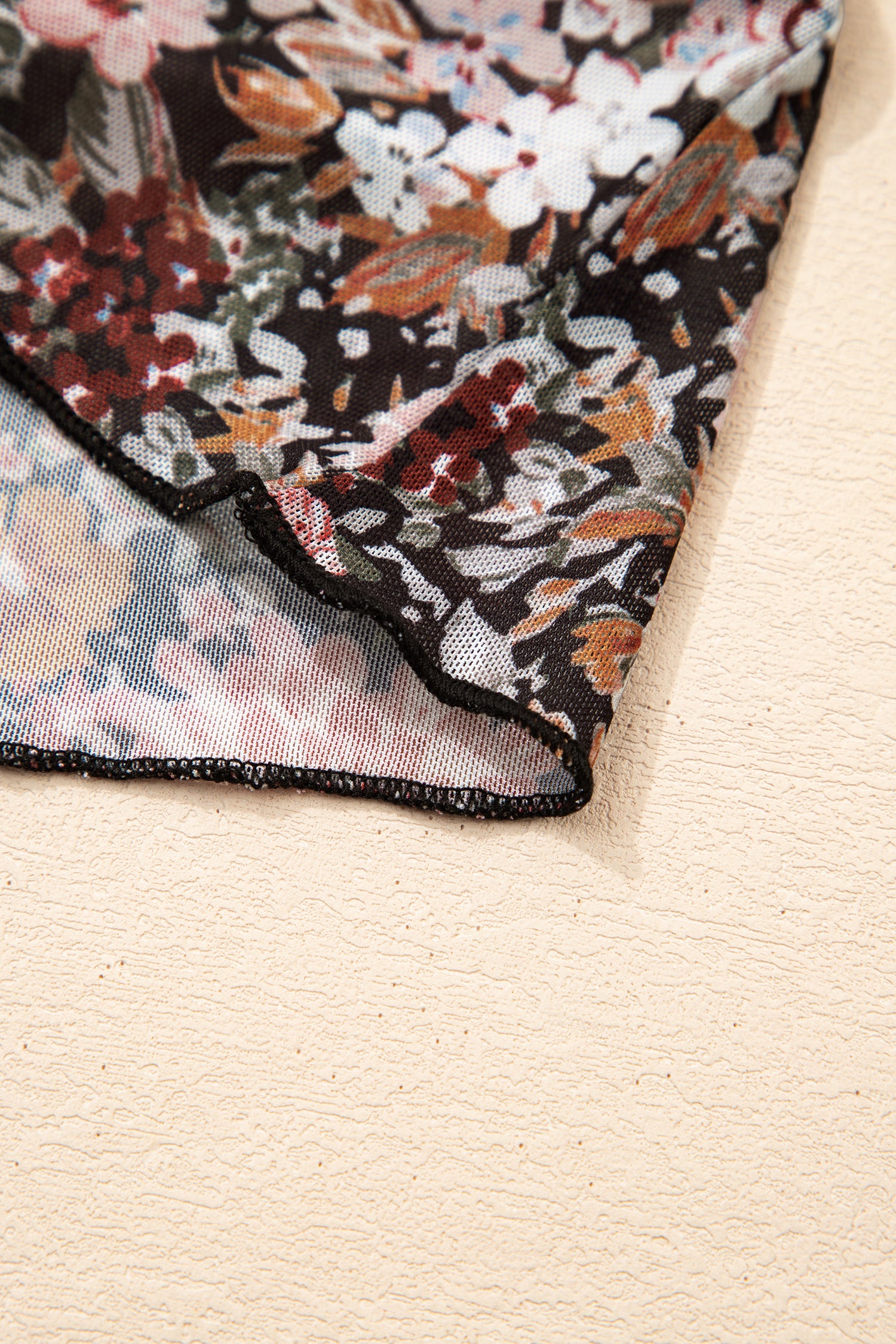 Brown Floral Print High Neck Short Sleeve Mesh Top-Tops/Tops & Tees-[Adult]-[Female]-2022 Online Blue Zone Planet