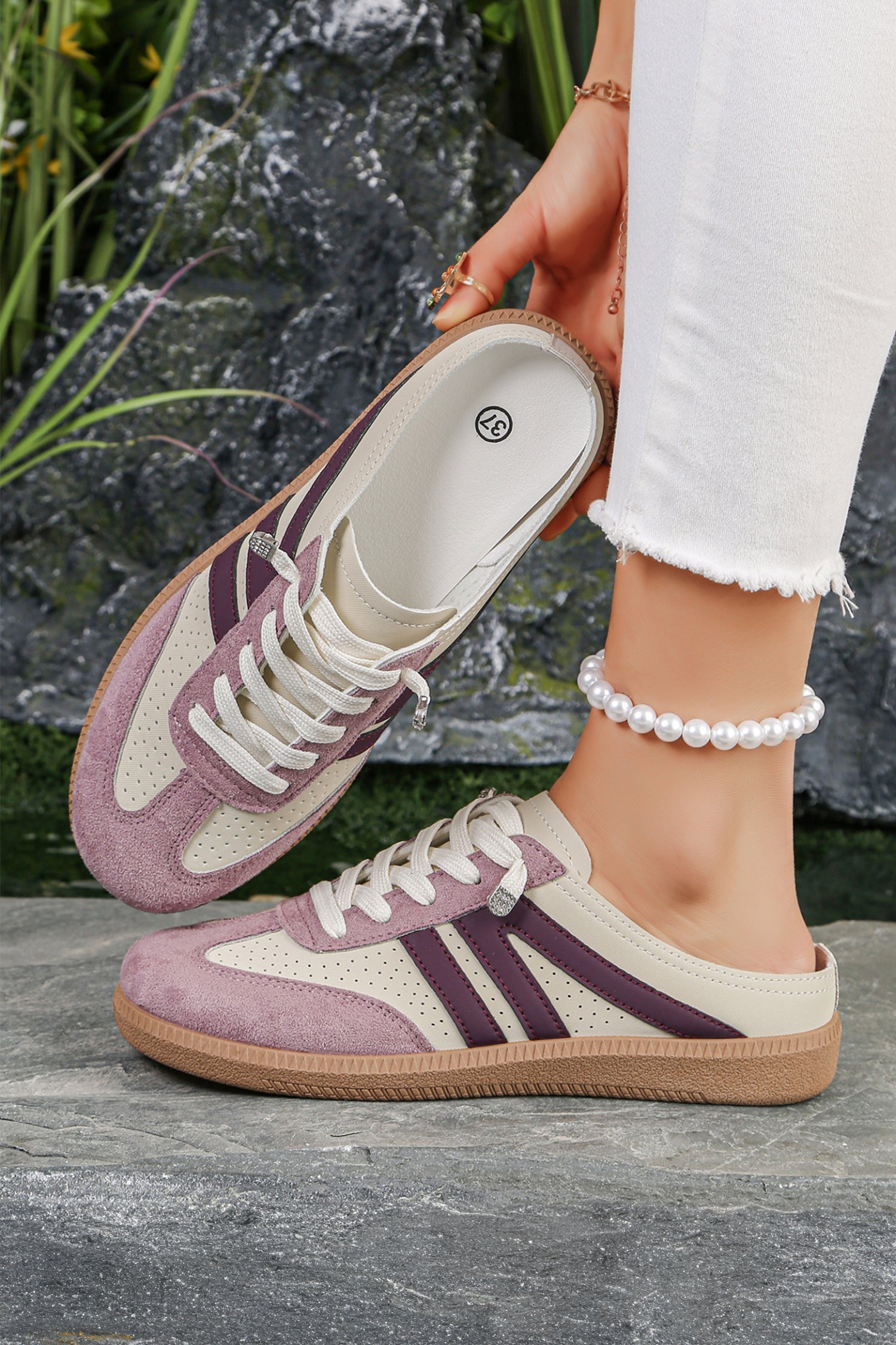 Pink Eyelet PU Leather Patchwork Color Pop Sneakers-Shoes & Bags/Womens Shoes-[Adult]-[Female]-2022 Online Blue Zone Planet