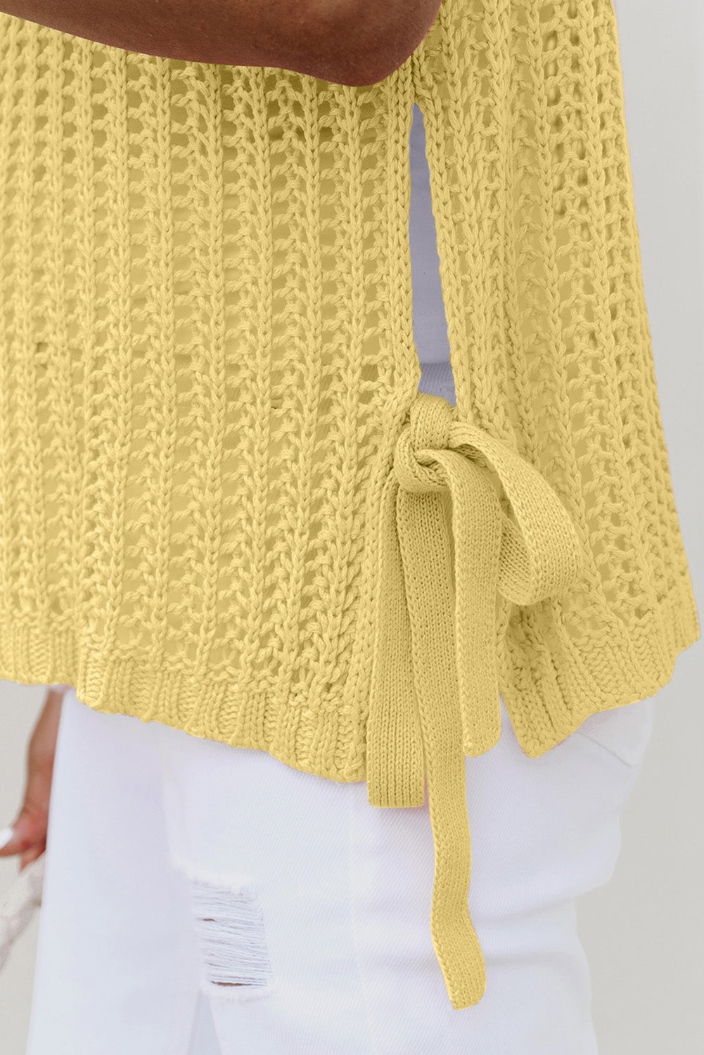 Yellow Cream Hollow-Out Crochet Side Tied Short Sleeve Sweater-TOPS / DRESSES-[Adult]-[Female]-2022 Online Blue Zone Planet