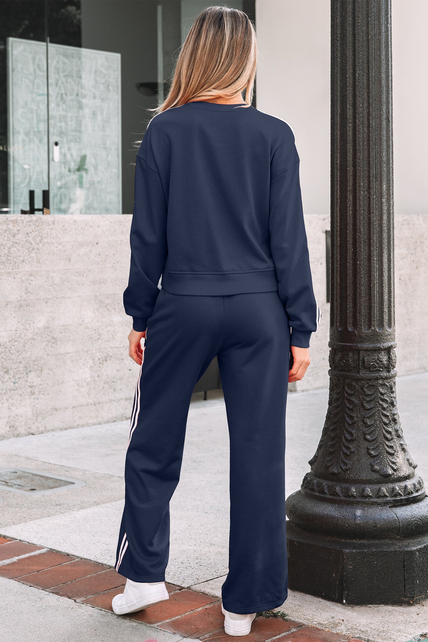Dirty blue Varsity Striped Detail Crewneck Pullover Elastic Sweatpants 2pcs Outfit-Two Piece Sets/Pant Sets-[Adult]-[Female]-2022 Online Blue Zone Planet