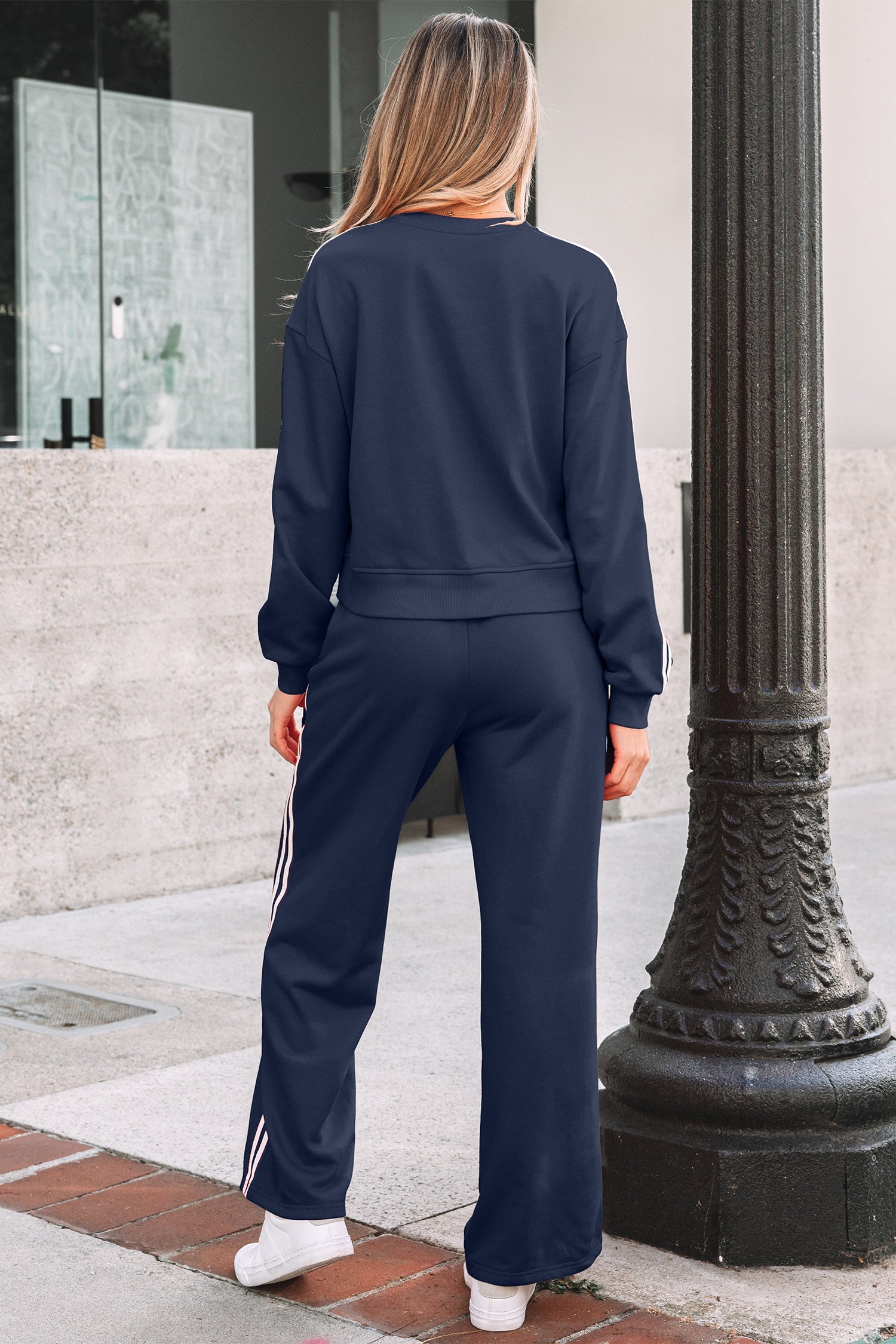 Dirty blue Varsity Striped Detail Crewneck Pullover Elastic Sweatpants 2pcs Outfit-Two Piece Sets/Pant Sets-[Adult]-[Female]-2022 Online Blue Zone Planet
