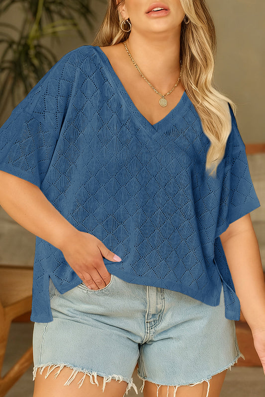 Sky Blue Pointelle Rhombus Knit Plus Size V Neck Loose Top-Plus Size/Plus Size Tops/Plus Size Tops & Tees-[Adult]-[Female]-Sky Blue-L-2022 Online Blue Zone Planet