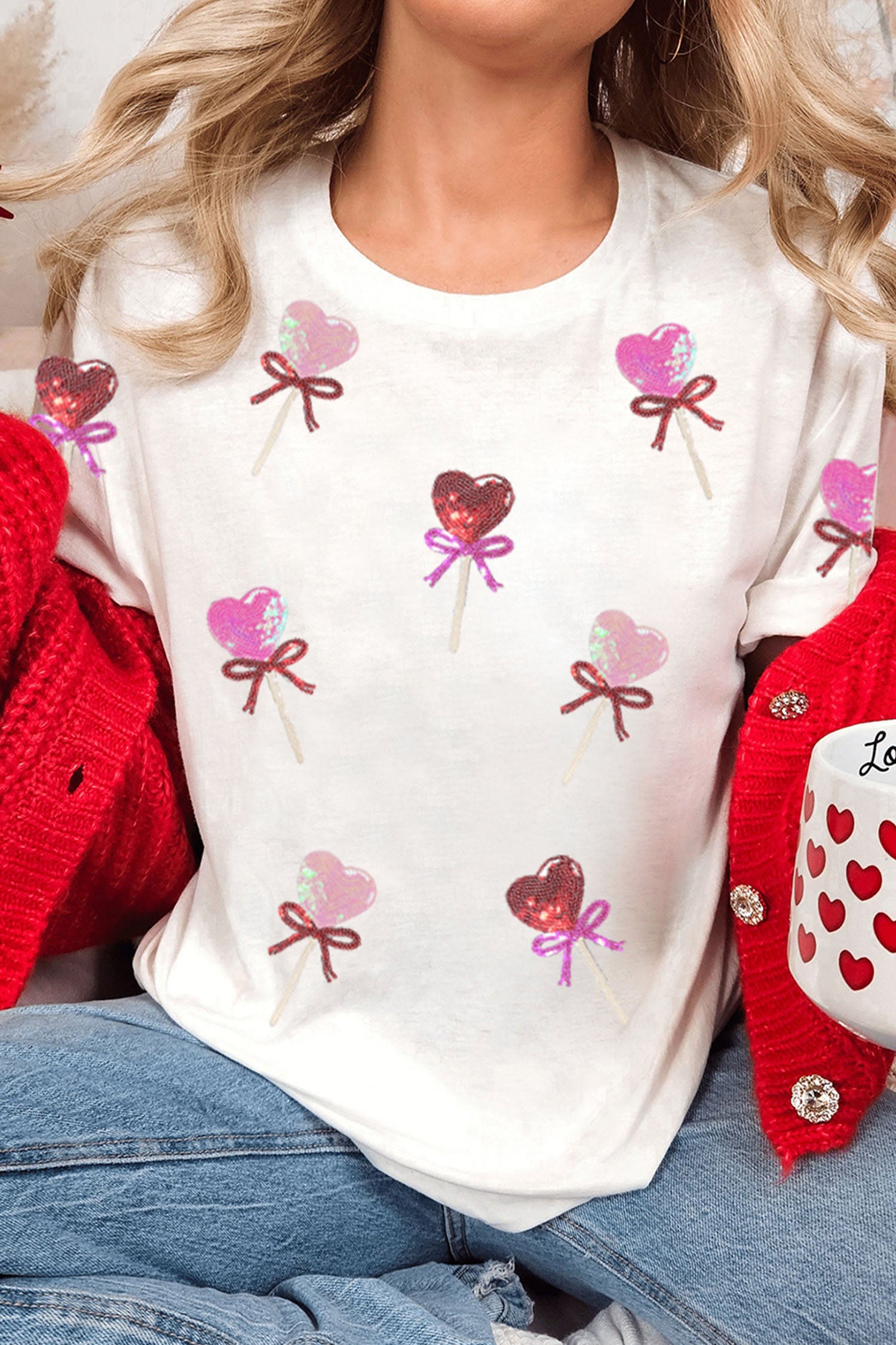 White Sequin Bow Heart Shape Lolly Valentines Day Graphic Tee-Graphic Tees-[Adult]-[Female]-2022 Online Blue Zone Planet