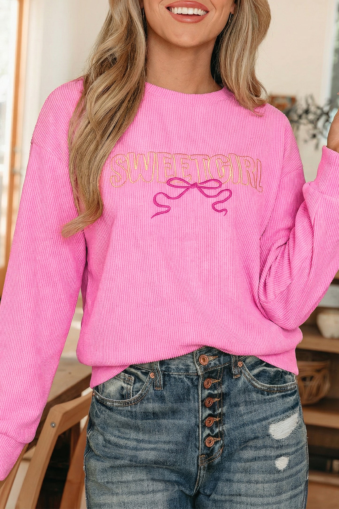 Bonbon Sweet Girl Embroidered Graphic Rib Textured Top-Tops/Long Sleeve Tops-[Adult]-[Female]-2022 Online Blue Zone Planet