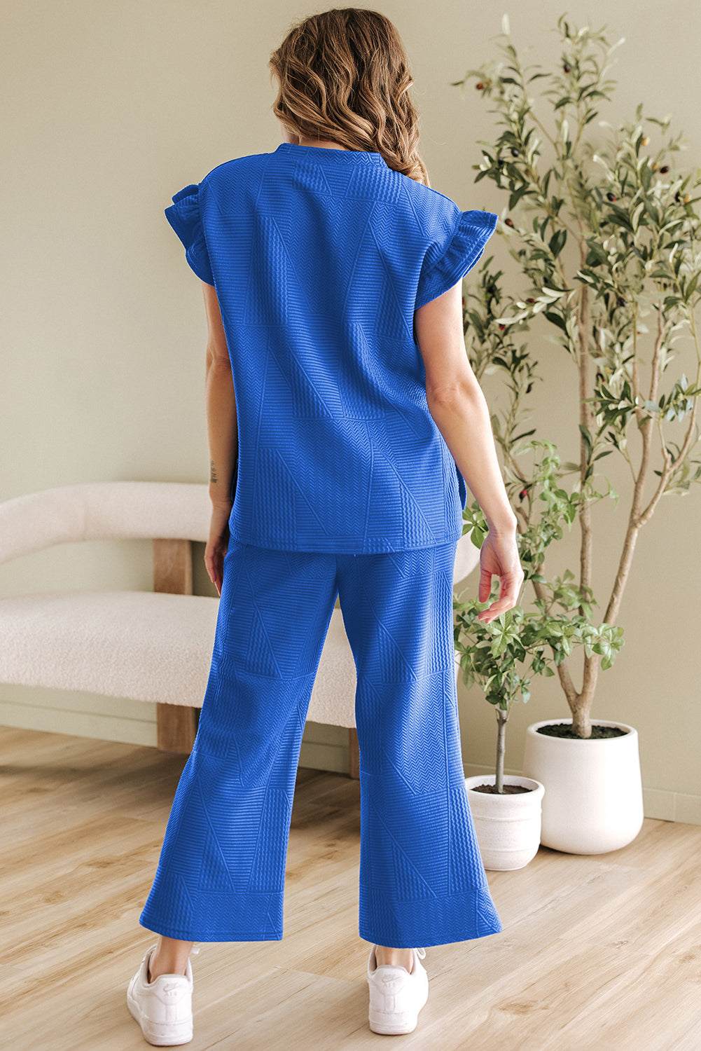 Blue Zone Planet | Dark Blue Ruffled Sleeve Summer Top and Cropped Loose Pants Set-Two Piece Sets/Pant Sets-[Adult]-[Female]-2022 Online Blue Zone Planet