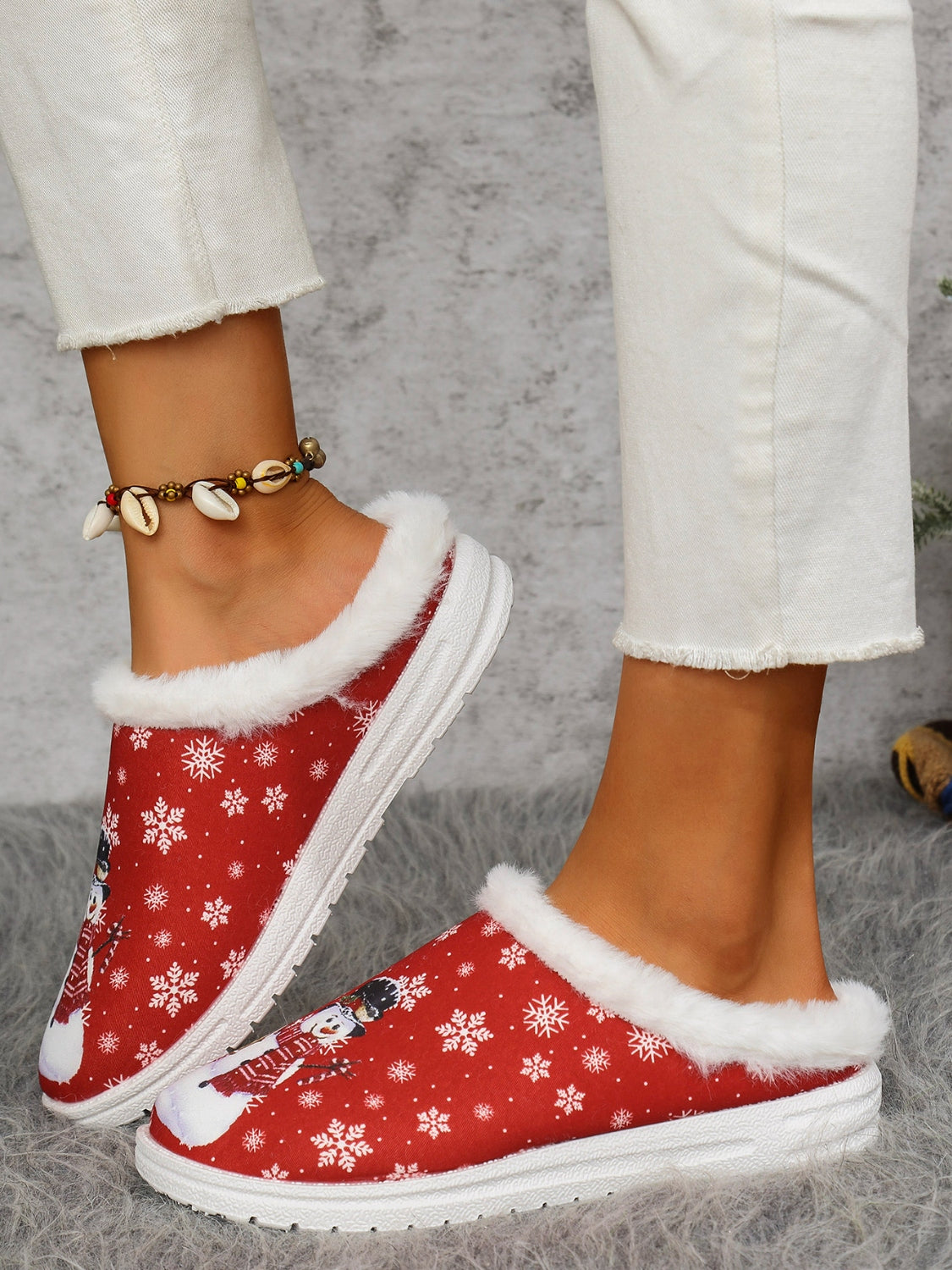 Snowman Print Flat Slippers with Faux Fur-SHOES-[Adult]-[Female]-2022 Online Blue Zone Planet