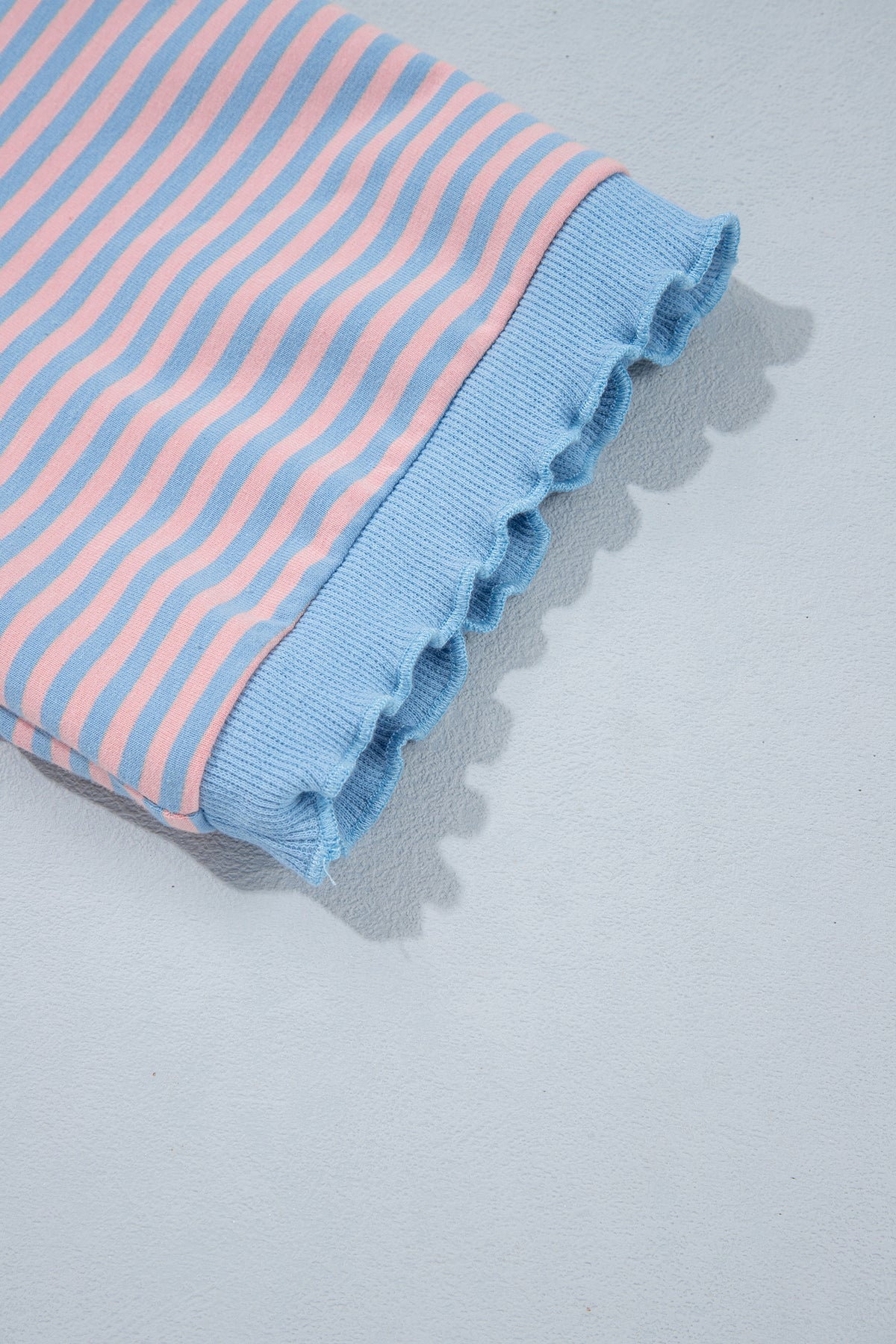 Sky Blue Stripe Colorblock Scalloped Trim Loose 3/4 Sleeve Top-Tops/Long Sleeve Tops-[Adult]-[Female]-2022 Online Blue Zone Planet