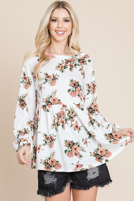 Super Lady Full Size Babydoll Floral Boat Neck Long Sleeve Blouse-TOPS / DRESSES-[Adult]-[Female]-2022 Online Blue Zone Planet