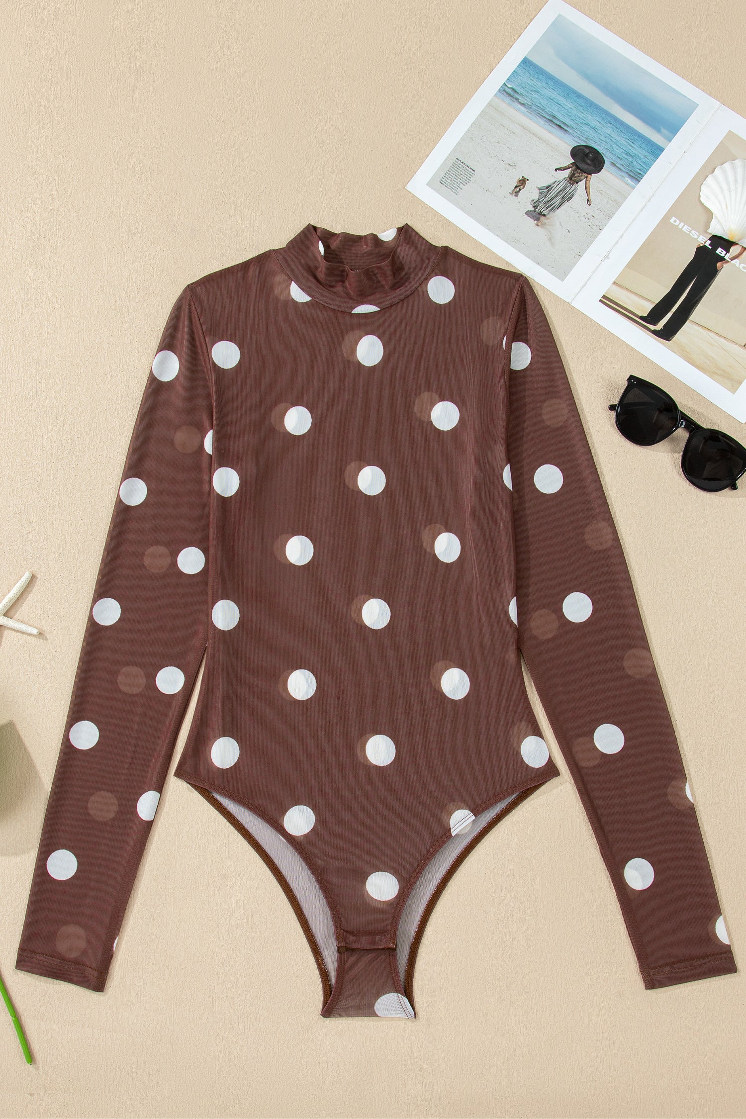 Brown Vintage Polka Dot Print Mesh Long Sleeve Bodysuit-Tops/Bodysuits-[Adult]-[Female]-2022 Online Blue Zone Planet