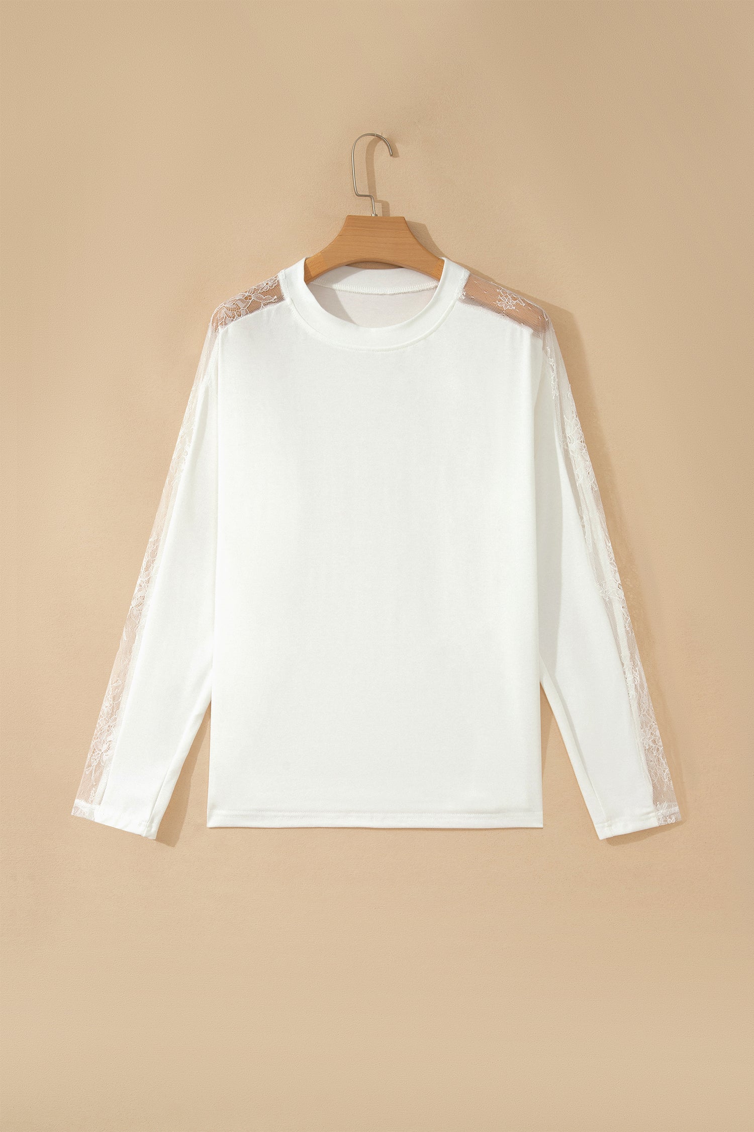 White Sheer Lace Splicing Long Sleeve Shift Top-Tops/Long Sleeve Tops-[Adult]-[Female]-2022 Online Blue Zone Planet
