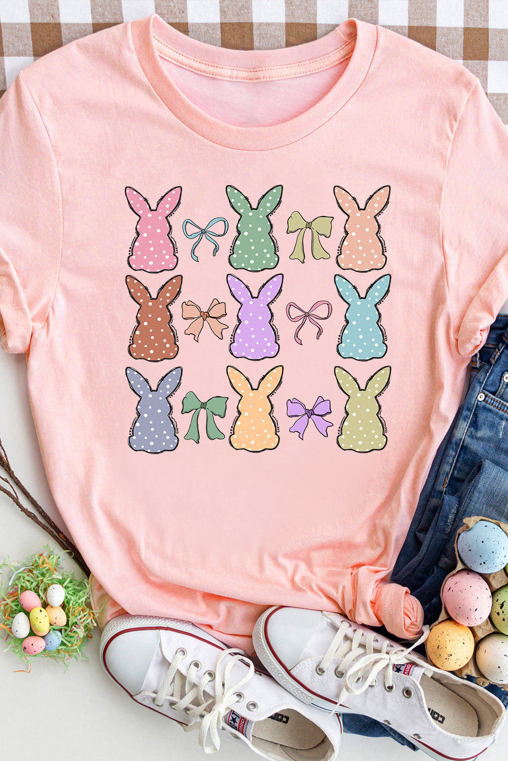 Pink Dotty Bunny Bow Printed Easter Day Fashion T Shirt-Graphic/Graphic Tees-[Adult]-[Female]-2022 Online Blue Zone Planet