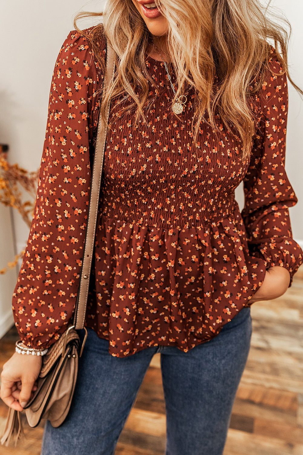 Boho Floral Smocked Bust Ruffled Peplum Blouse-Tops/Blouses & Shirts-[Adult]-[Female]-2022 Online Blue Zone Planet