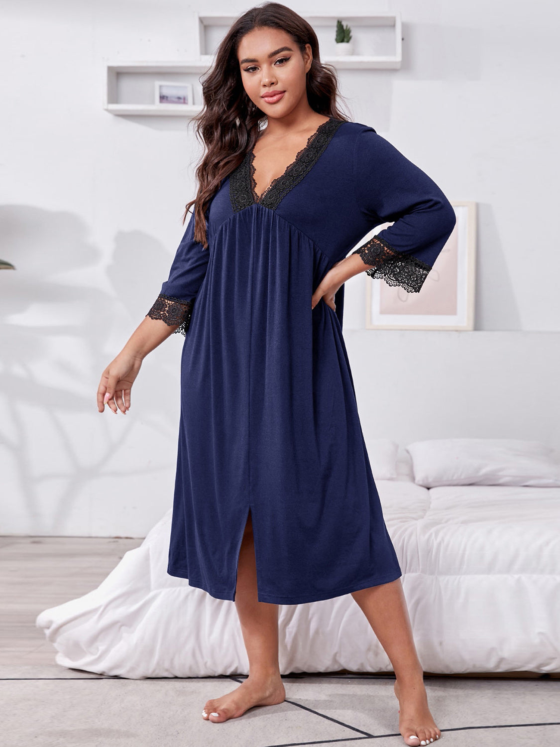 Plus Size Lace Detail V-Neck Lounge Dress-TOPS / DRESSES-[Adult]-[Female]-2022 Online Blue Zone Planet