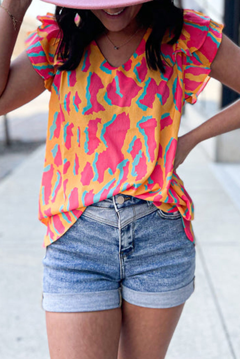 Orange Abstract Print V Neck Ruffled Sleeve Blouse-Tops/Blouses & Shirts-[Adult]-[Female]-2022 Online Blue Zone Planet