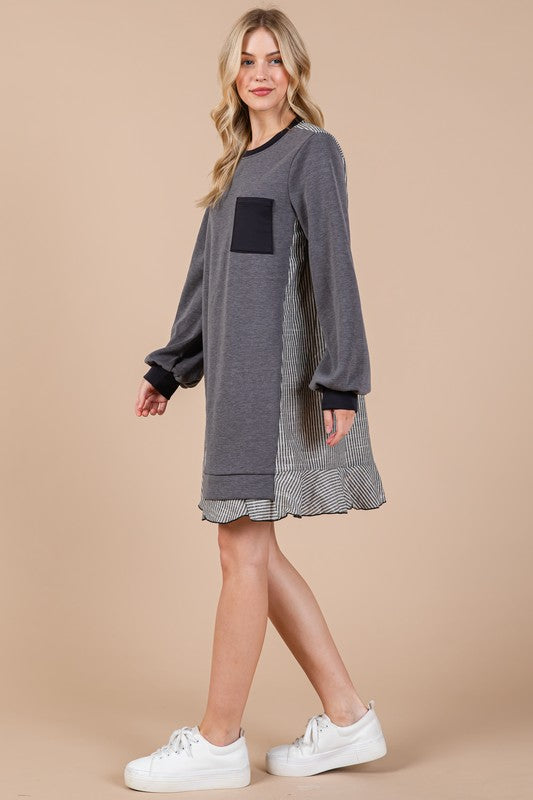 Ces Femme Striped Patchwork Round Neck Terry Sweatshirt Dress-TOPS / DRESSES-[Adult]-[Female]-2022 Online Blue Zone Planet