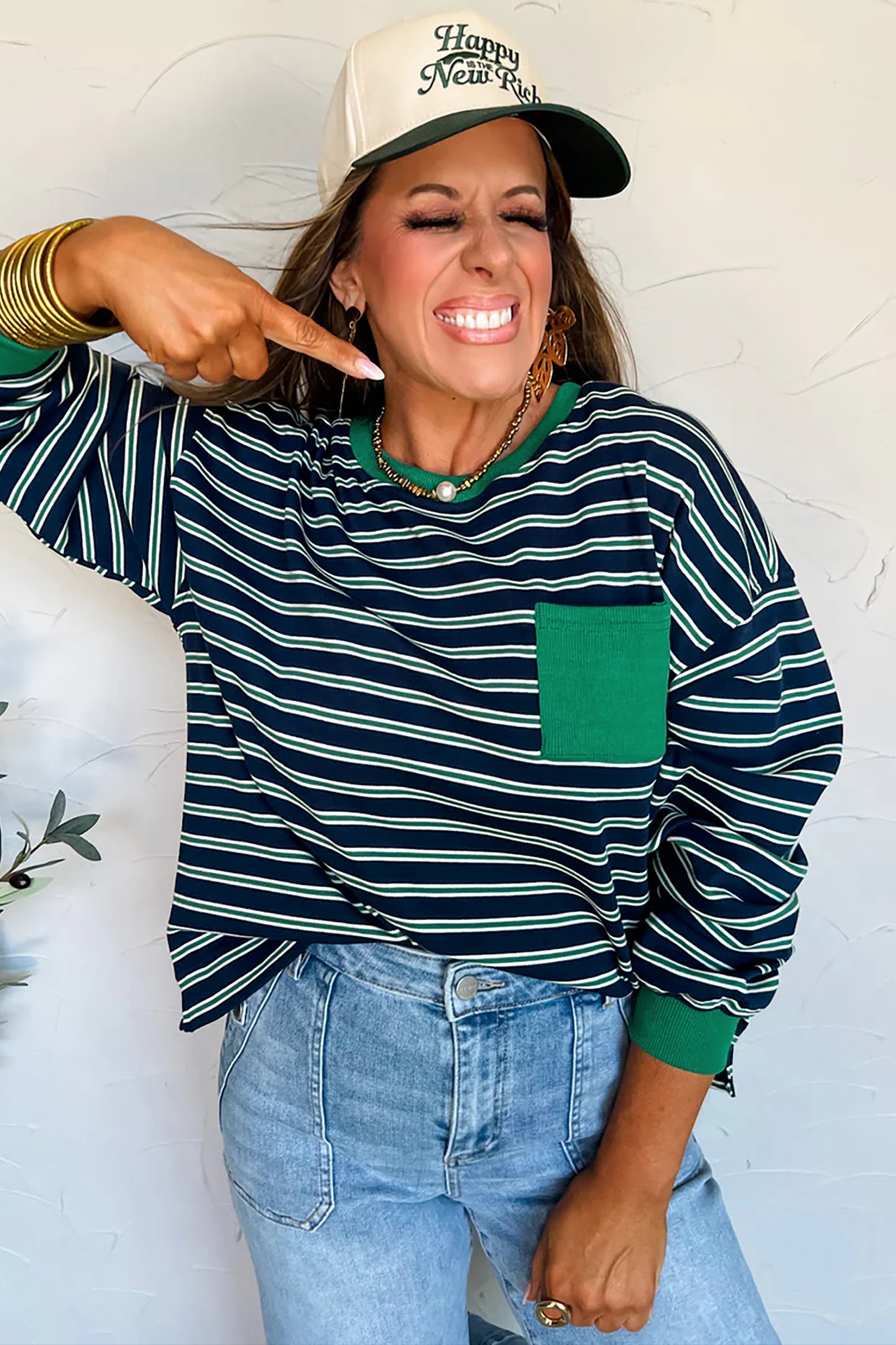 Green Stripe Ribbed Color Block Patchwork Crew Neck Patch Pocket Long Sleeve Top-Tops/Long Sleeve Tops-[Adult]-[Female]-2022 Online Blue Zone Planet