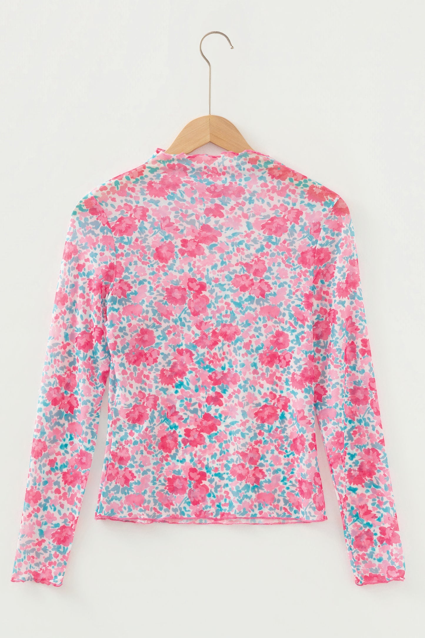 Pink Slim Fit Floral Mesh Long Sleeve Mock Neck Top-Tops/Long Sleeve Tops-[Adult]-[Female]-2022 Online Blue Zone Planet