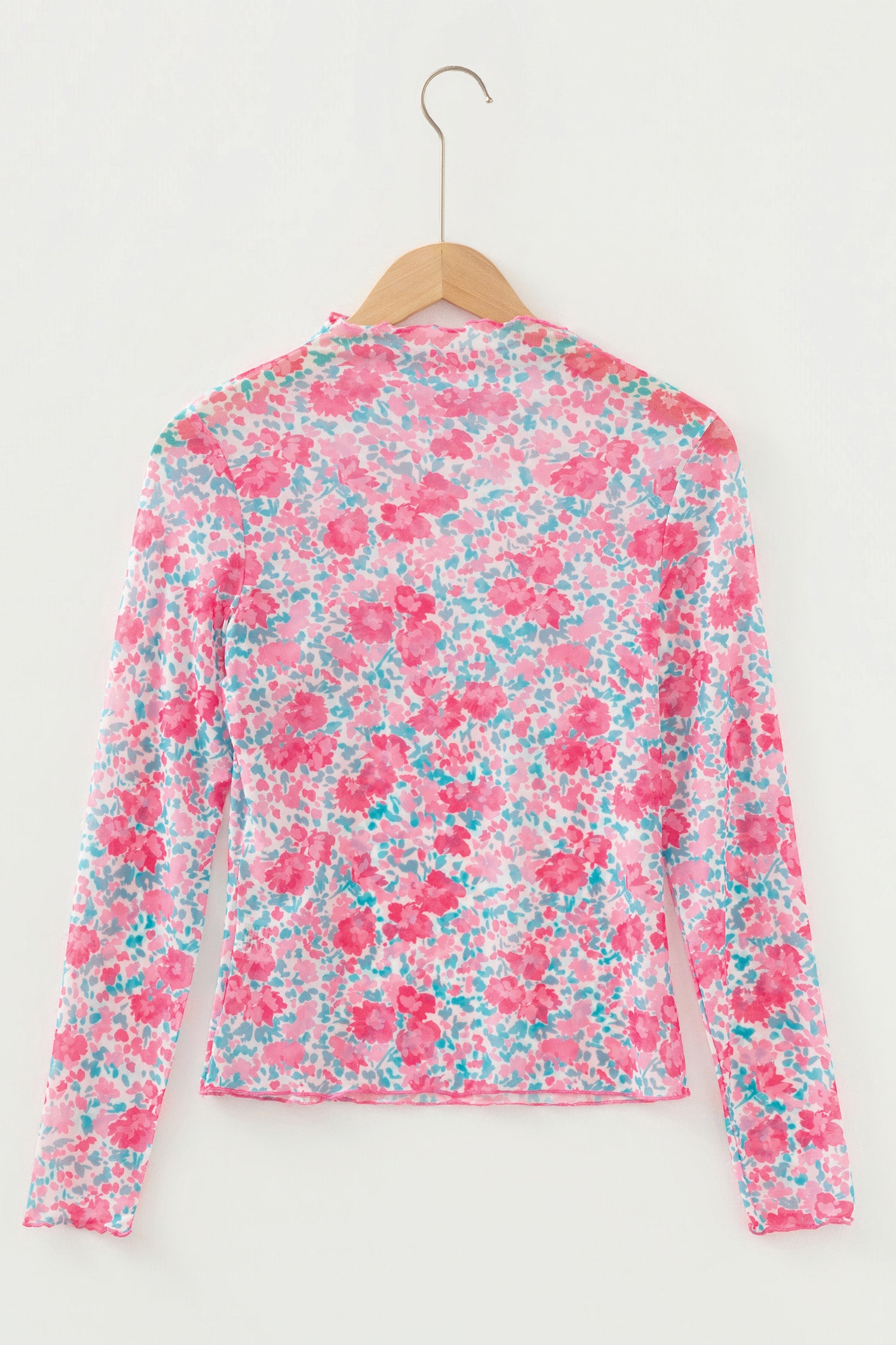 Pink Slim Fit Floral Mesh Long Sleeve Mock Neck Top-Tops/Long Sleeve Tops-[Adult]-[Female]-2022 Online Blue Zone Planet