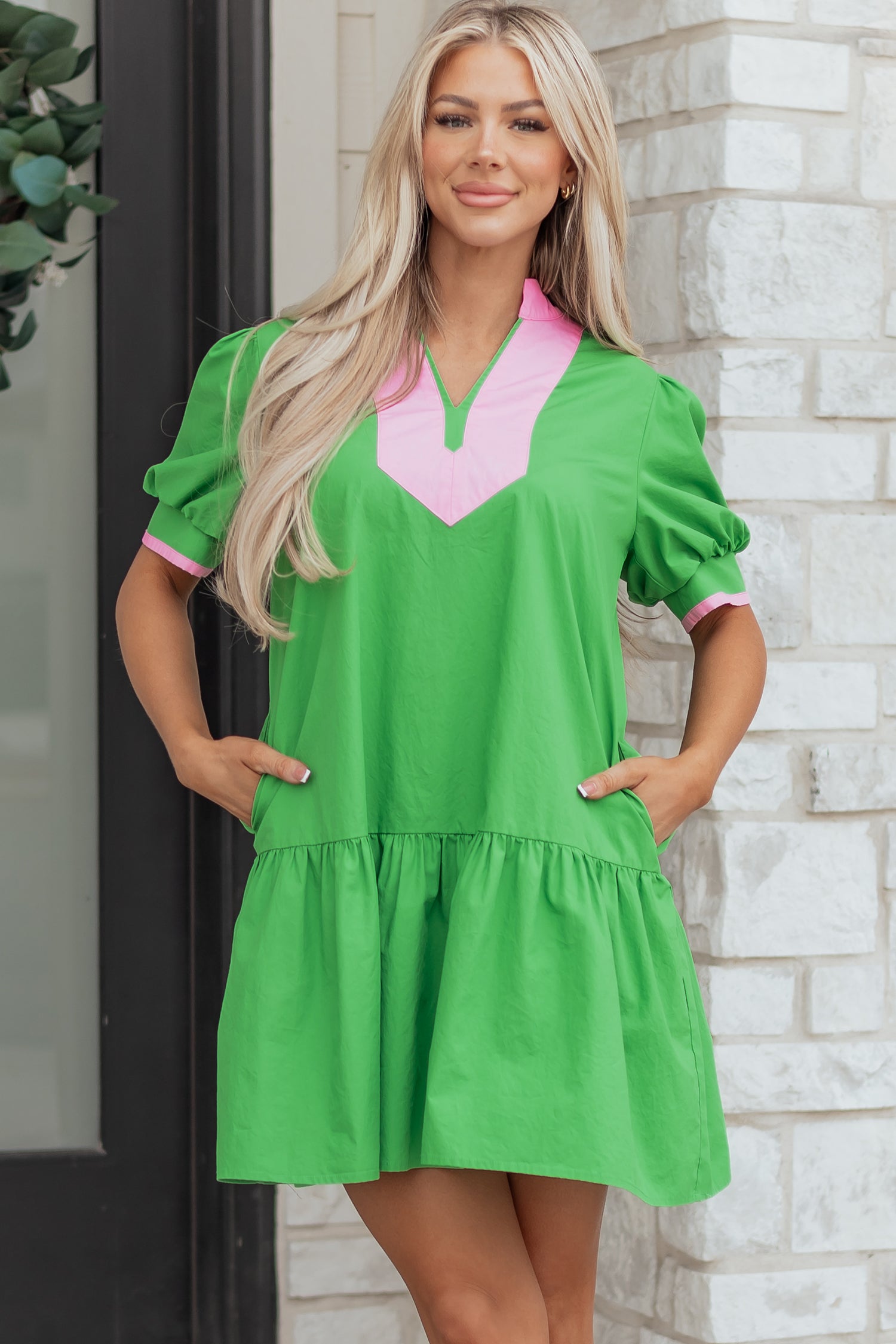 Bright Green Color Block Detail Split Neck Short Puff Sleeve Ruffle Hem Mini Dress-TOPS / DRESSES-[Adult]-[Female]-2022 Online Blue Zone Planet