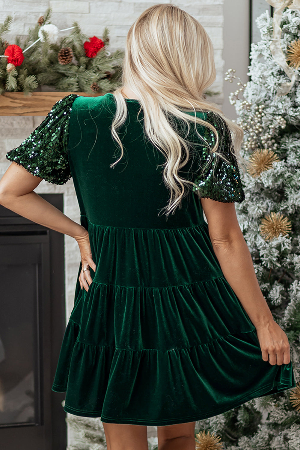 Evergreen Sequin Puff Sleeve High Waist Tiered Velvet Mini Dress-TOPS / DRESSES-[Adult]-[Female]-2022 Online Blue Zone Planet