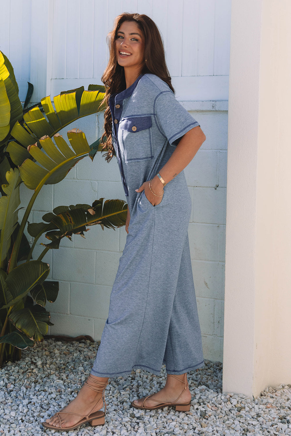 Beau Blue Half Placket Chest Pockets Short Sleeve Wide Leg Jumpsuit-Bottoms/Jumpsuits & Rompers-[Adult]-[Female]-2022 Online Blue Zone Planet