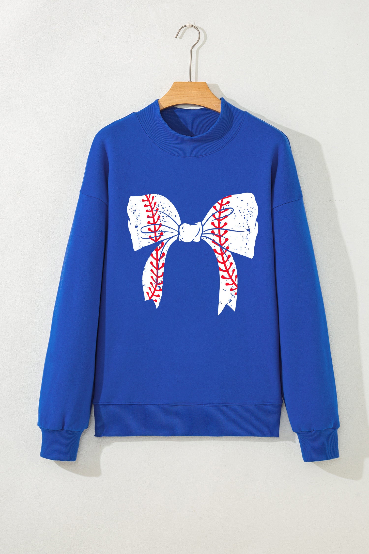 Dark Blue Baseball Large Bow Mock Neck Sweatshirt-Graphic/Graphic Sweatshirts-[Adult]-[Female]-2022 Online Blue Zone Planet