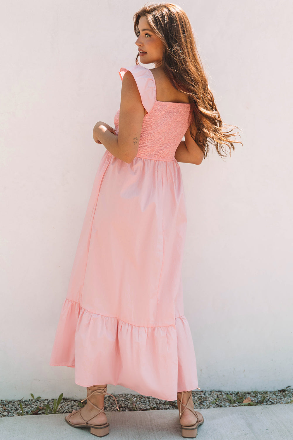 Pink V Neck Flutter Sleeve Smocked Bodice High Waist Ruffle Maxi Dress-Dresses/Maxi Dresses-[Adult]-[Female]-2022 Online Blue Zone Planet