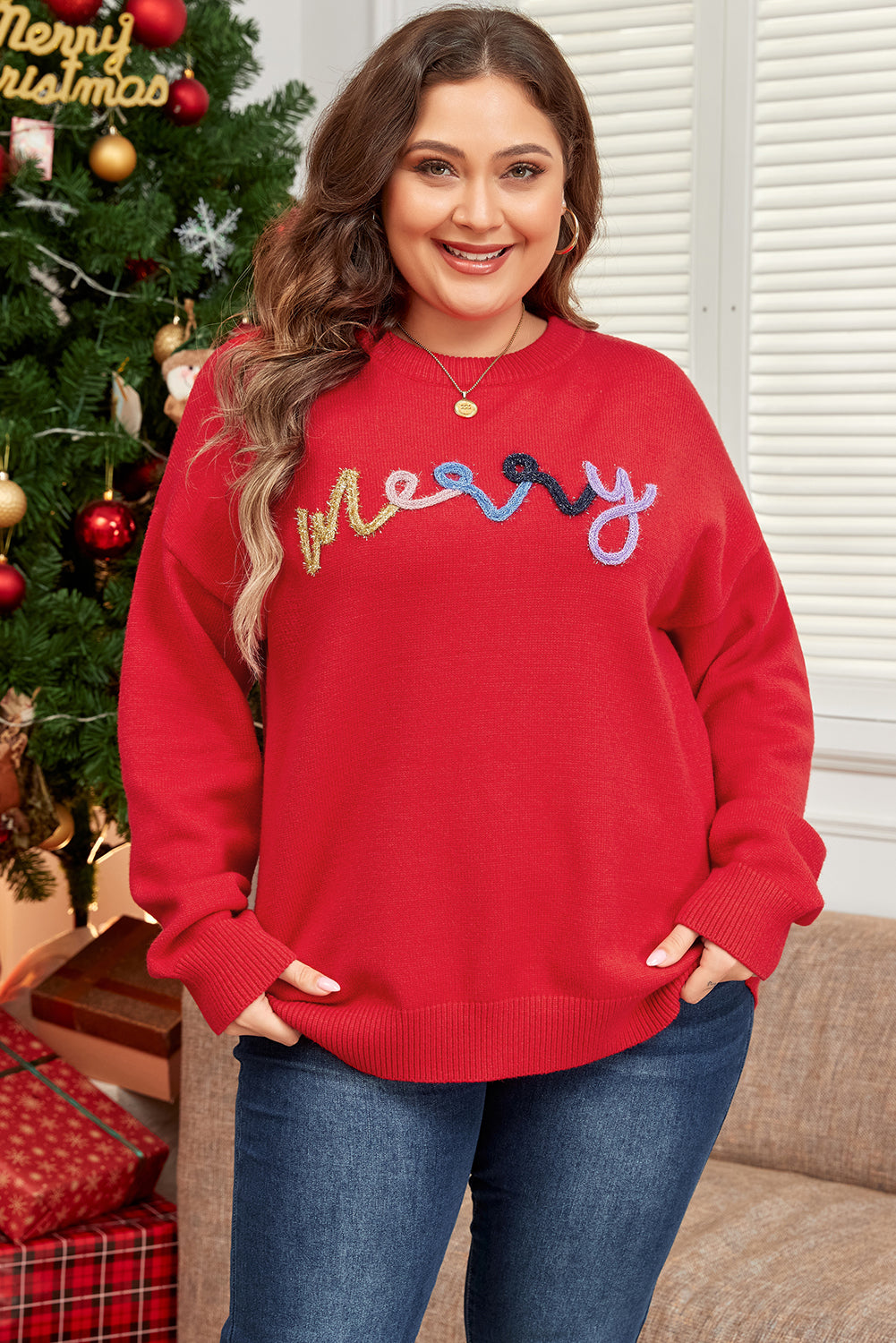 Fiery Red Tinsel merry Pattern Drop Shoulder Plus Size Sweater-Plus Size/Plus Size Sweaters & Cardigans-[Adult]-[Female]-2022 Online Blue Zone Planet