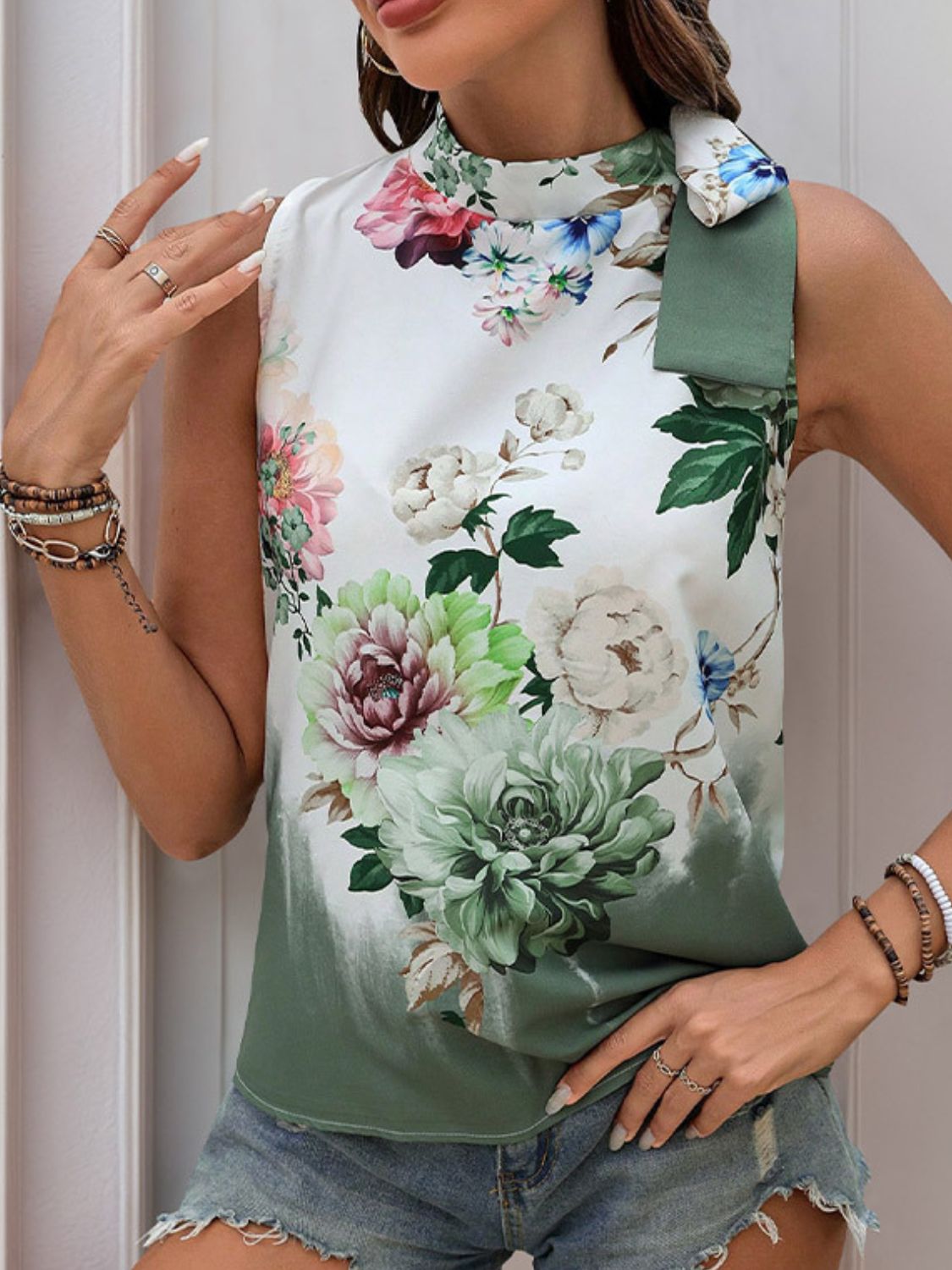 Tied Flower Printed Mock Neck Top-TOPS / DRESSES-[Adult]-[Female]-Gum Leaf-S-2022 Online Blue Zone Planet