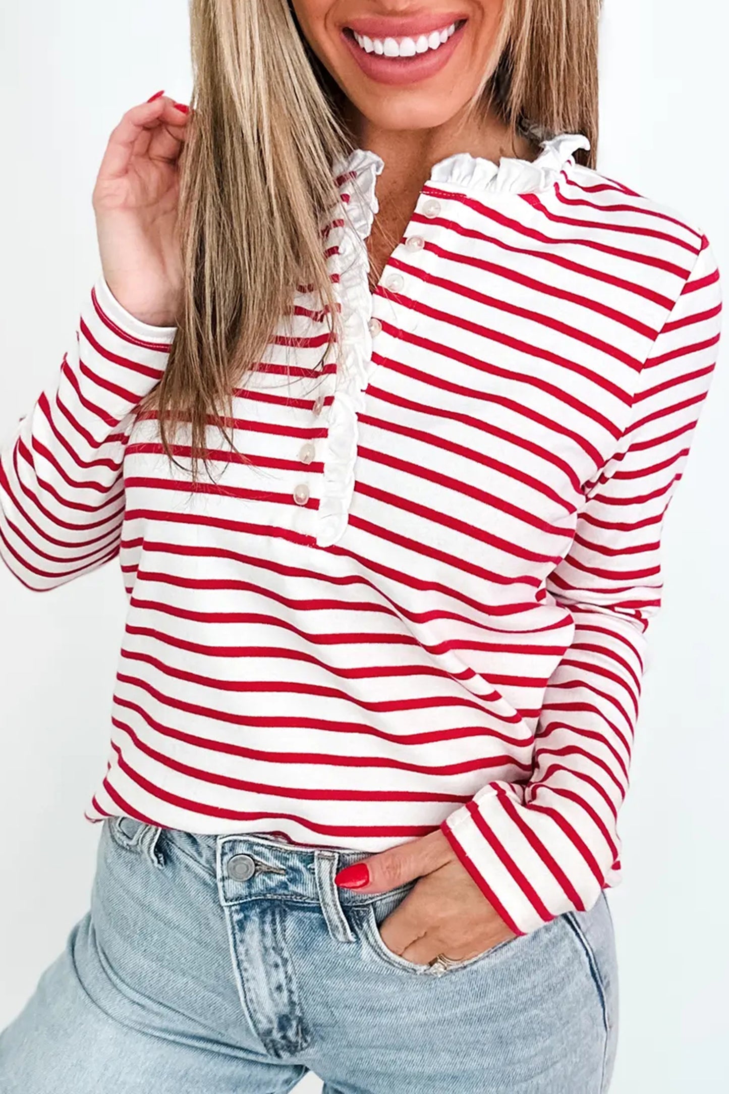 Red Stripe Contrast Frilled Trim Half Button Long Sleeve Top-Tops/Long Sleeve Tops-[Adult]-[Female]-Red Stripe-S-2022 Online Blue Zone Planet