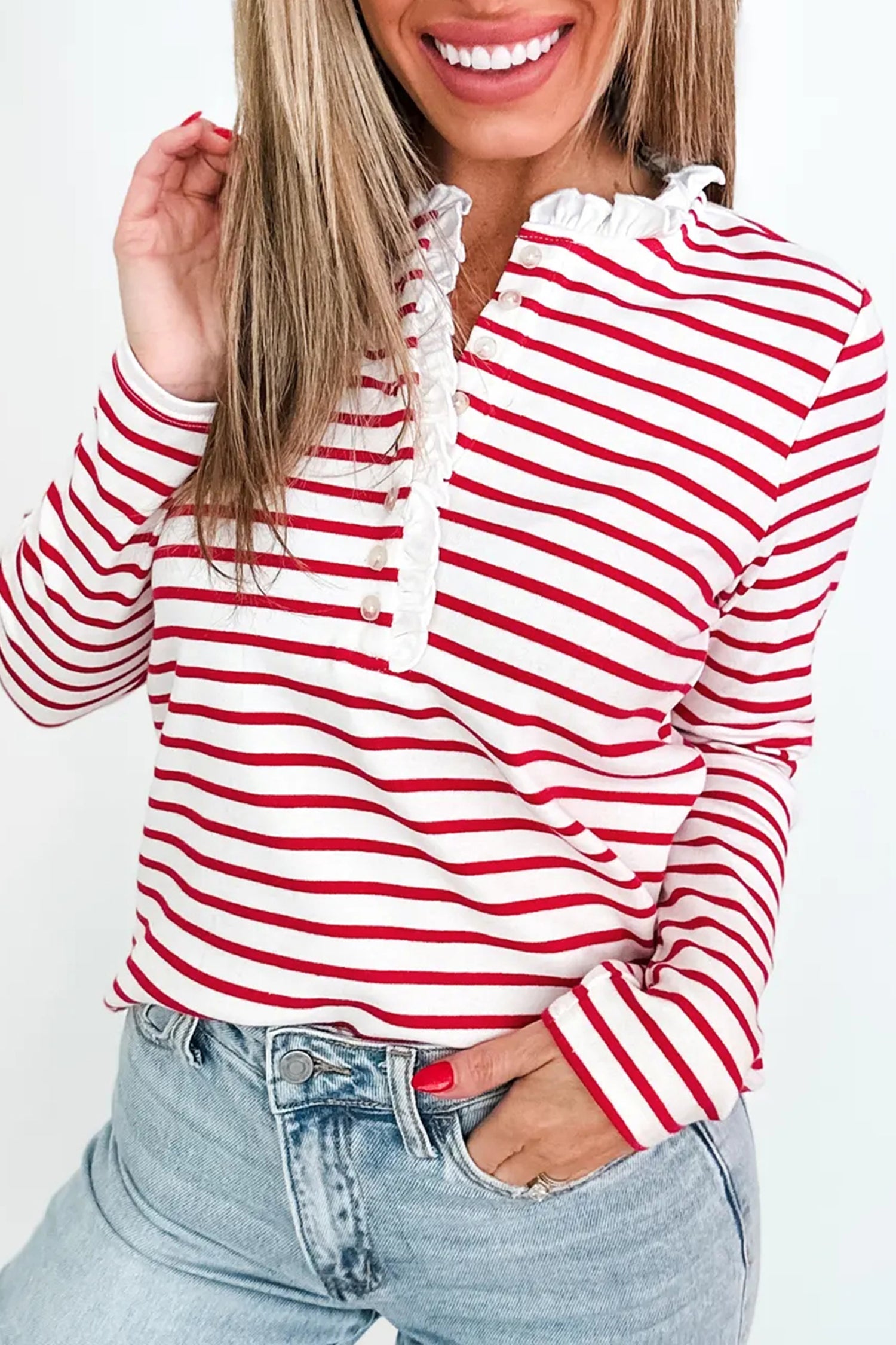 Red Stripe Contrast Frilled Trim Half Button Long Sleeve Top-Tops/Long Sleeve Tops-[Adult]-[Female]-Red Stripe-S-2022 Online Blue Zone Planet