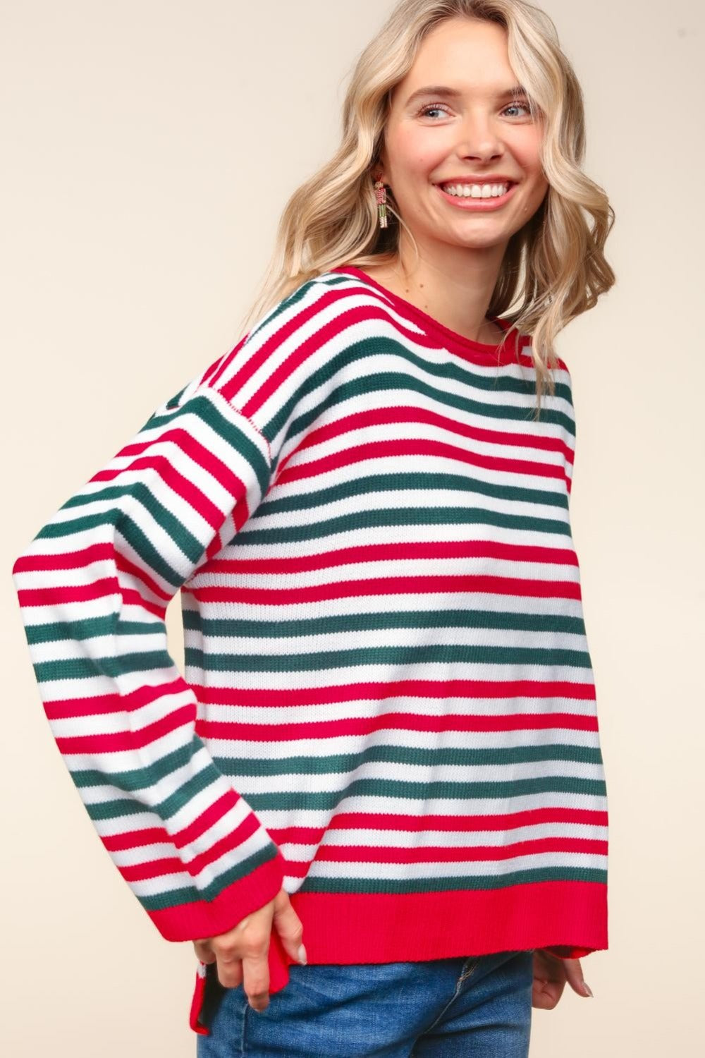 Blue Zone Planet | Haptics Full Size Striped Contrast Side Slit Knit Top-TOPS / DRESSES-[Adult]-[Female]-2022 Online Blue Zone Planet