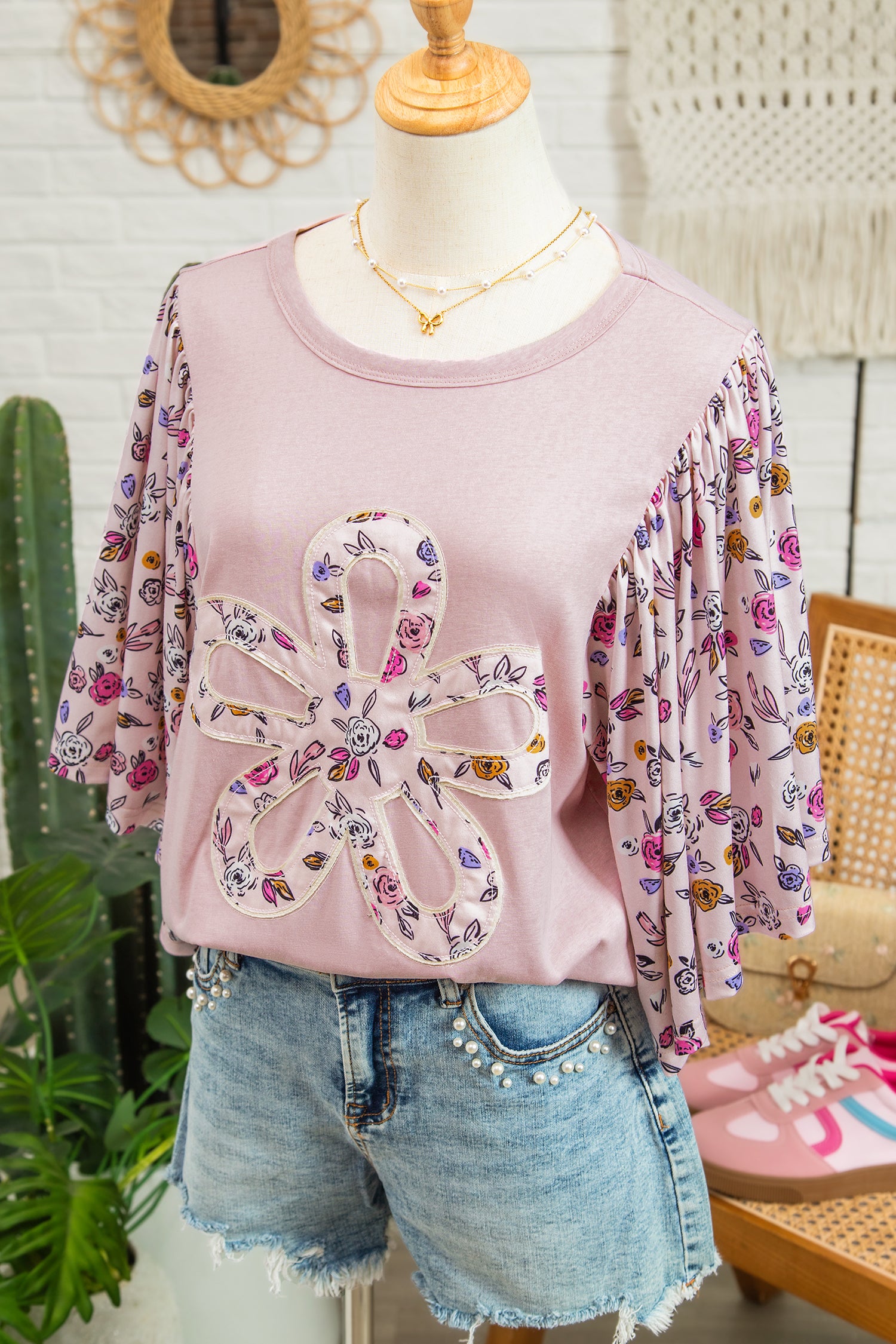 Pink Contrast Floral Patched Flowy Half Sleeve Blouse-Tops/Blouses & Shirts-[Adult]-[Female]-2022 Online Blue Zone Planet