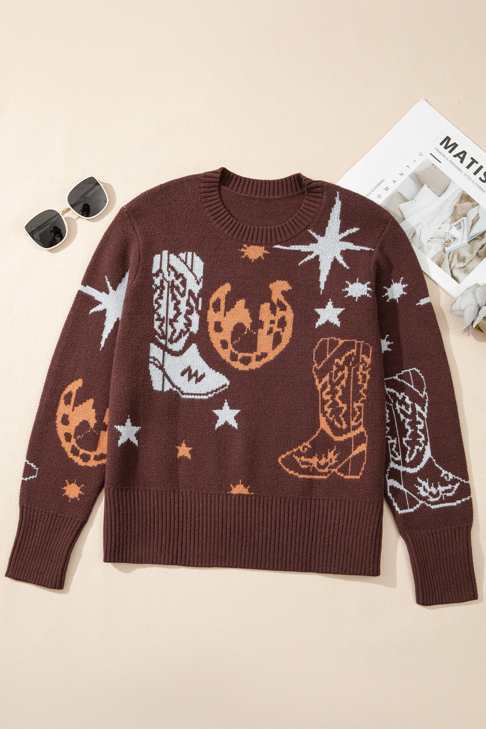 Brown Cowgirl Fashion Print Casual Sweater-TOPS / DRESSES-[Adult]-[Female]-2022 Online Blue Zone Planet
