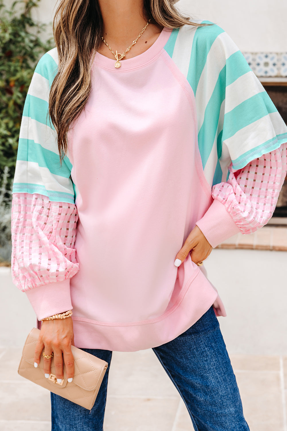 Bonbon Striped Colorblock Patchwork Raglan Pullover Top with Slits-Tops/Long Sleeve Tops-[Adult]-[Female]-2022 Online Blue Zone Planet