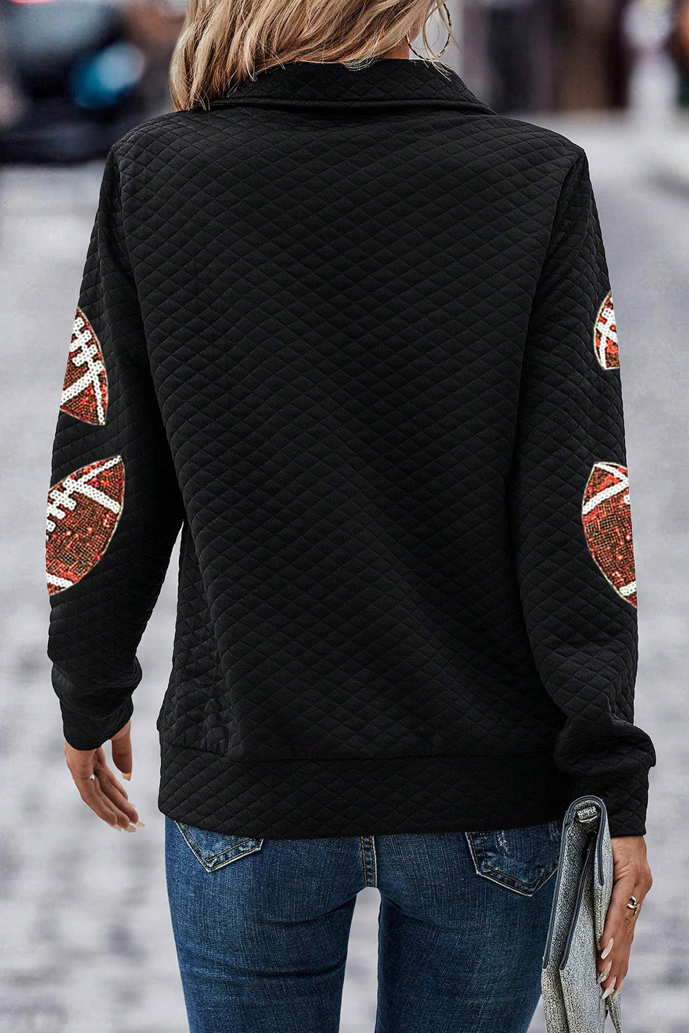 Black Sequin Rugby Football Patched Quarter Zip Textured Sweatshirt-Graphic/Graphic Sweatshirts-[Adult]-[Female]-2022 Online Blue Zone Planet