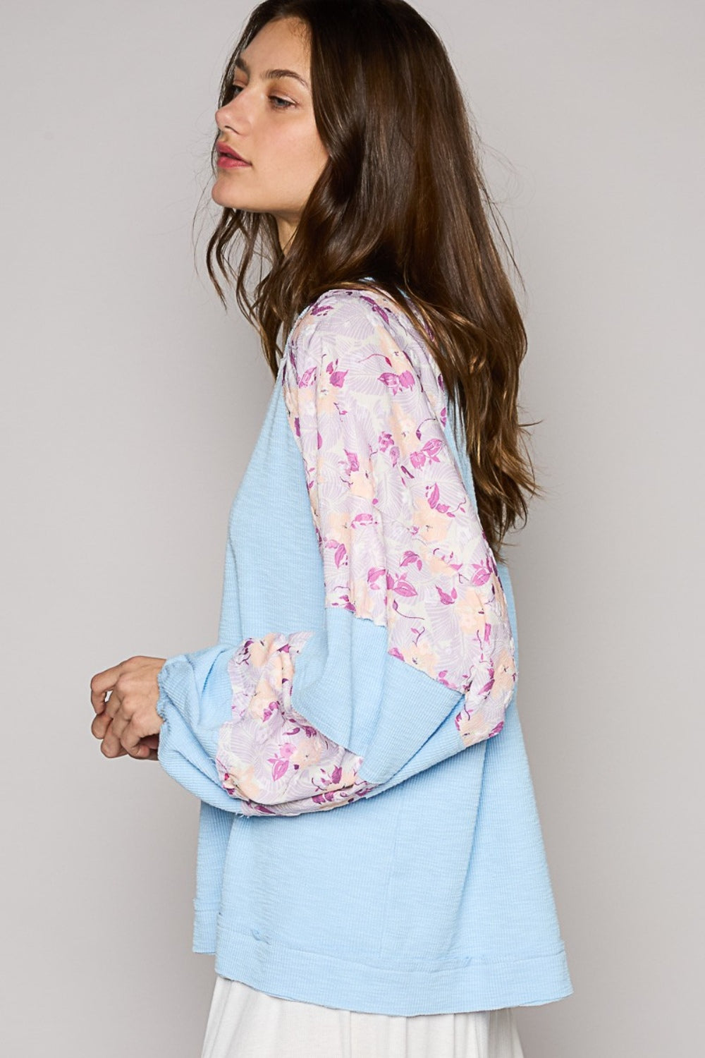 POL Round Neck Balloon Floral Long Sleeve Top-TOPS / DRESSES-[Adult]-[Female]-2022 Online Blue Zone Planet