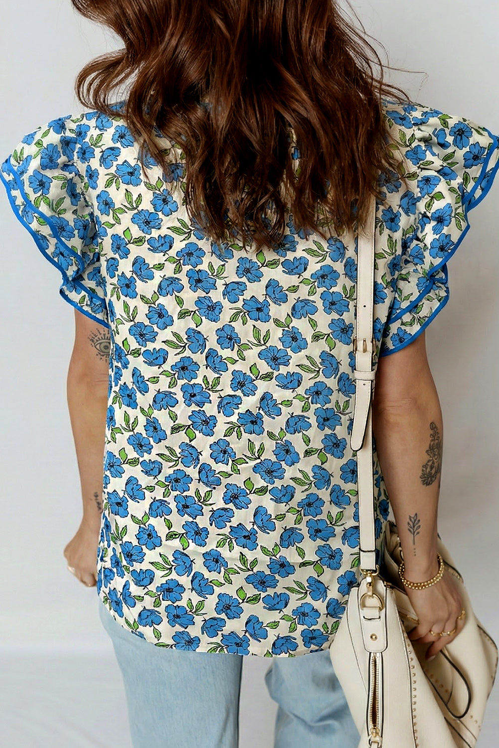 Sky Blue Tiered Flutter Sleeve Pleated Flower Blouse-Tops/Blouses & Shirts-[Adult]-[Female]-2022 Online Blue Zone Planet