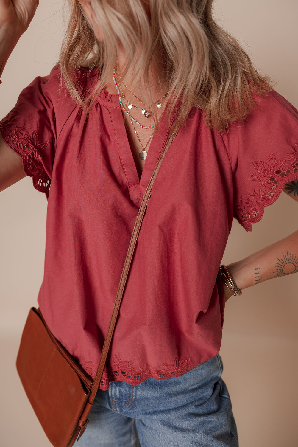 Red Dahlia Floral Embroidered Scallop Trim Short Sleeve V Neck Blouse-Tops/Blouses & Shirts-[Adult]-[Female]-2022 Online Blue Zone Planet