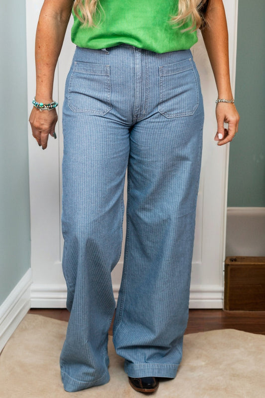 Dusk Blue Patched Pocket Textured Wide Leg Plus Size Jeans-Plus Size/Plus Size Bottoms-[Adult]-[Female]-2022 Online Blue Zone Planet