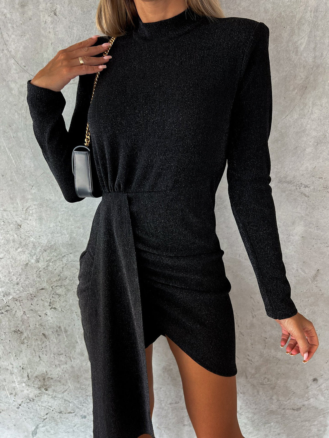 Heathered Mock Neck Long Sleeve Mini Dress-TOPS / DRESSES-[Adult]-[Female]-Black-S-2022 Online Blue Zone Planet