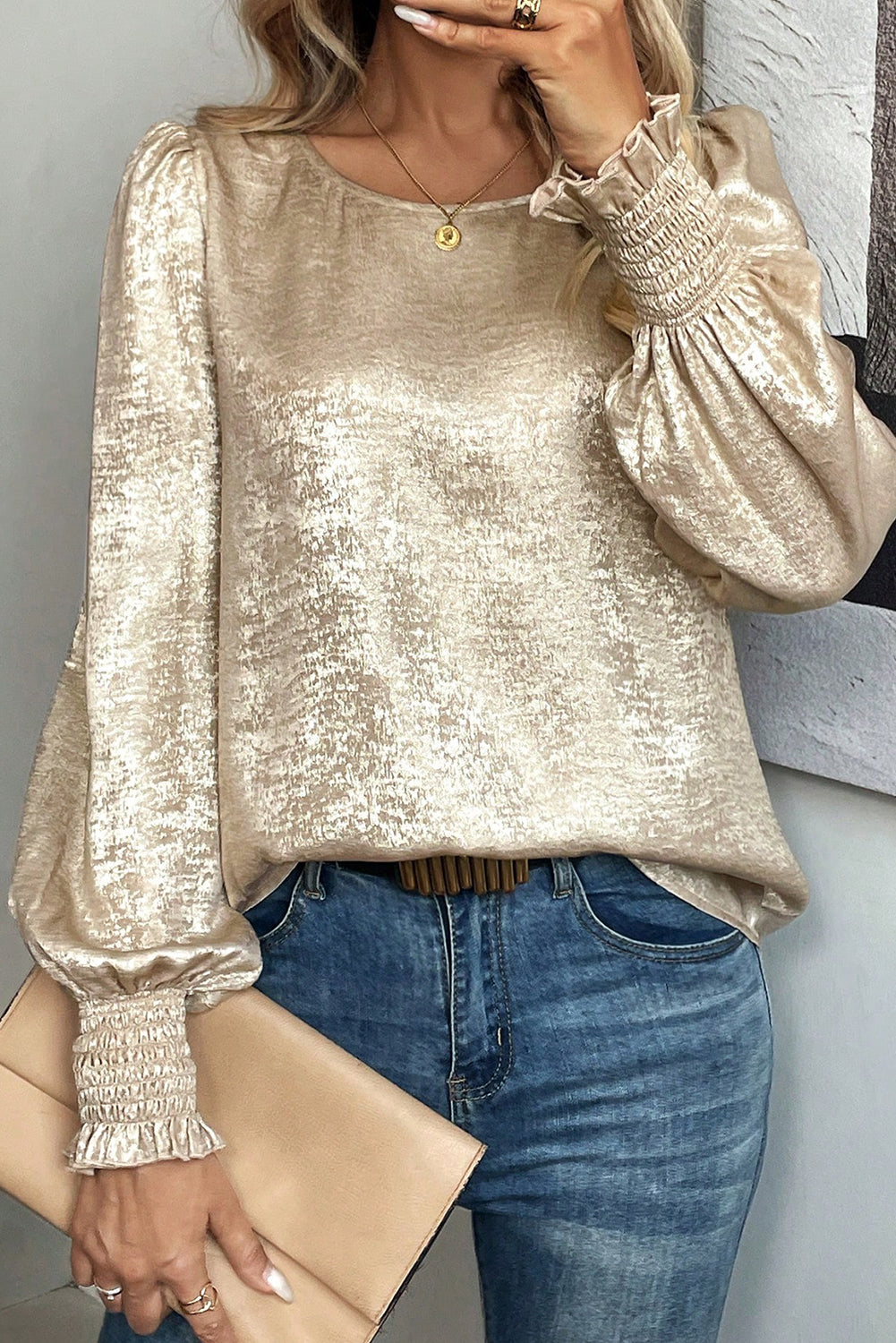 Apricot Metallic Round Neck Smocked Long Sleeve Blouse-Tops/Blouses & Shirts-[Adult]-[Female]-2022 Online Blue Zone Planet