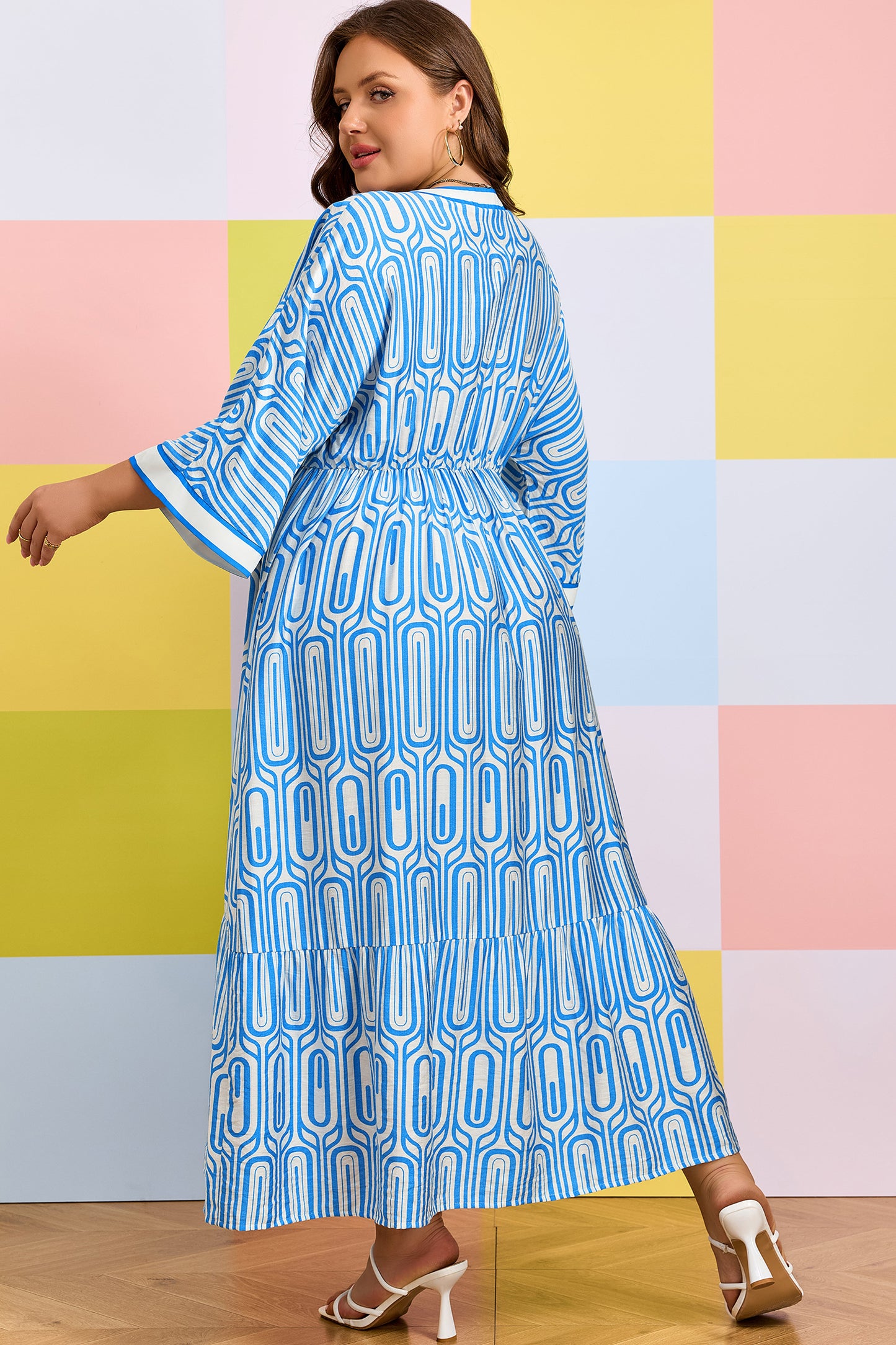 Sky Blue Plus Size Geometric Print Contrast Trim V Neck Bracelet Sleeve Long Dress-Bracelet-[Adult]-[Female]-2022 Online Blue Zone Planet